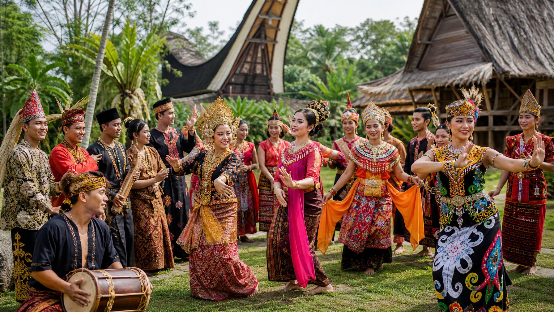 Sekelompok orang dari berbagai suku di Indonesia mengenakan pakaian adat tradisional, berkumpul di luar ruangan dengan latar alam tropis, menunjukkan keragaman budaya dan tradisi nusantara.