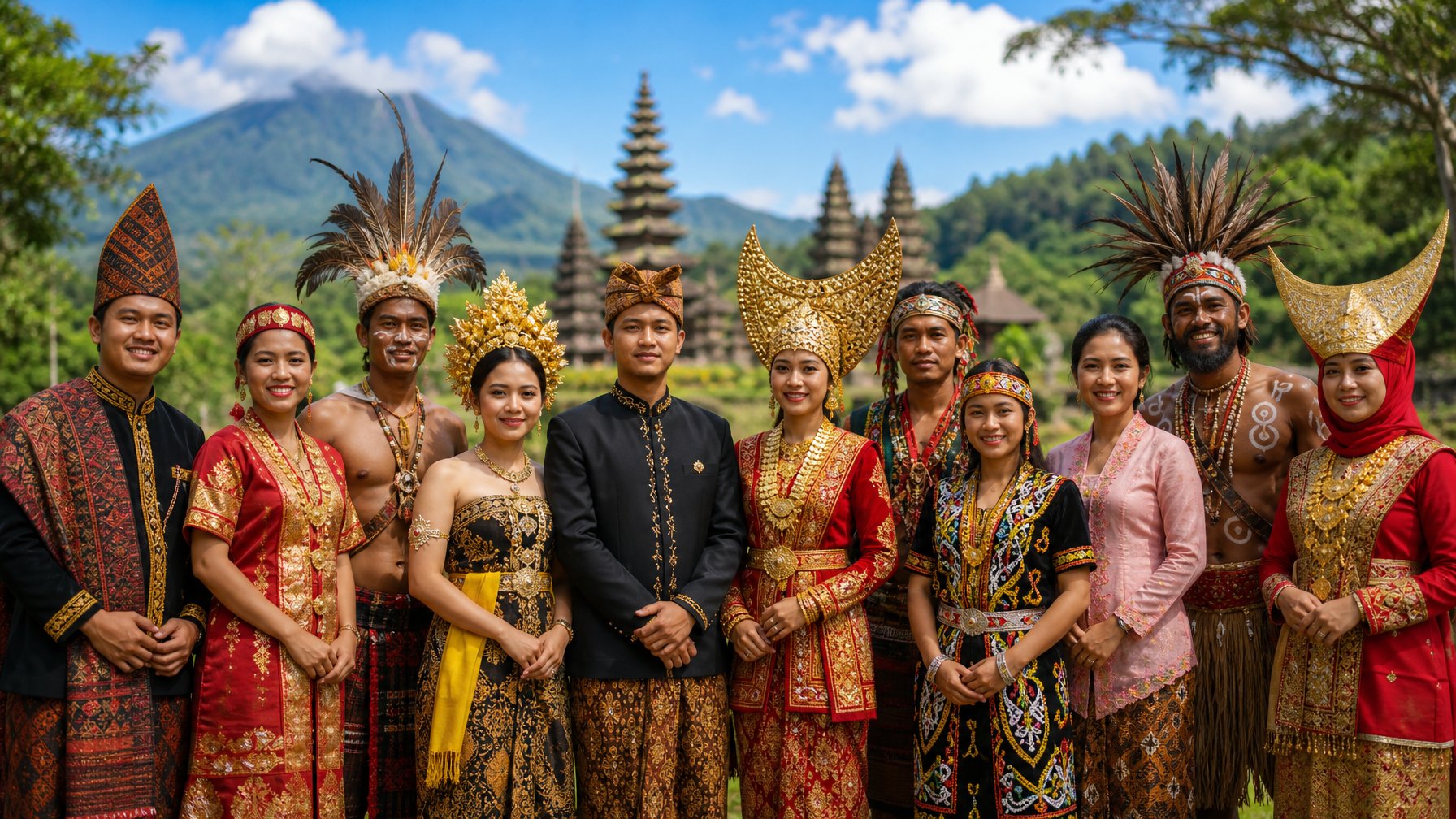 Sekelompok orang Indonesia dengan pakaian tradisional dari berbagai suku bangsa berdiri bersama di luar ruangan dengan latar belakang alam yang hijau dan langit biru.