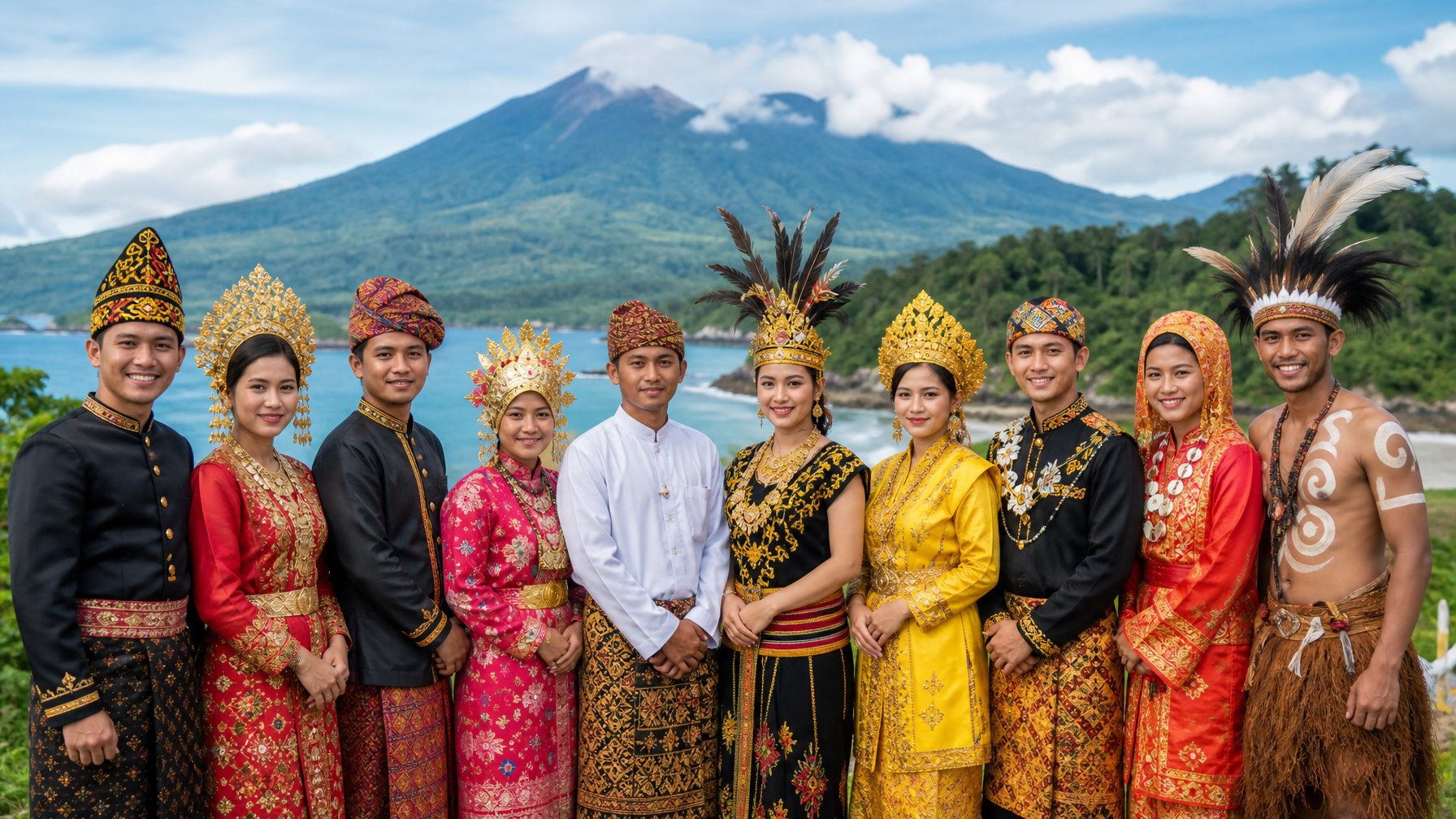 Sekelompok orang Indonesia mengenakan pakaian tradisional dari berbagai suku bangsa berdiri bersama di luar ruangan dengan latar belakang pemandangan alam Indonesia.