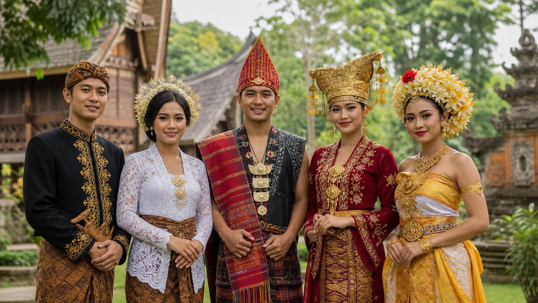 Sekelompok orang Indonesia mengenakan pakaian tradisional dari berbagai suku terbesar, berdiri di luar ruangan dengan latar belakang alam dan bangunan tradisional.