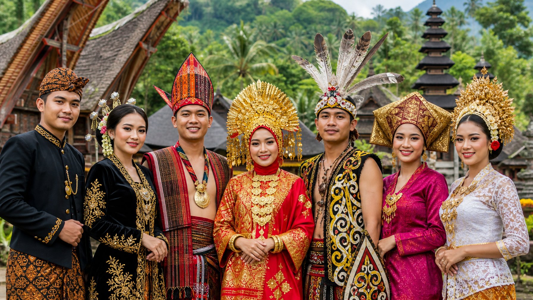 Sekelompok orang Indonesia mengenakan pakaian tradisional dari suku-suku terbesar dengan latar belakang rumah adat dan pemandangan alam.