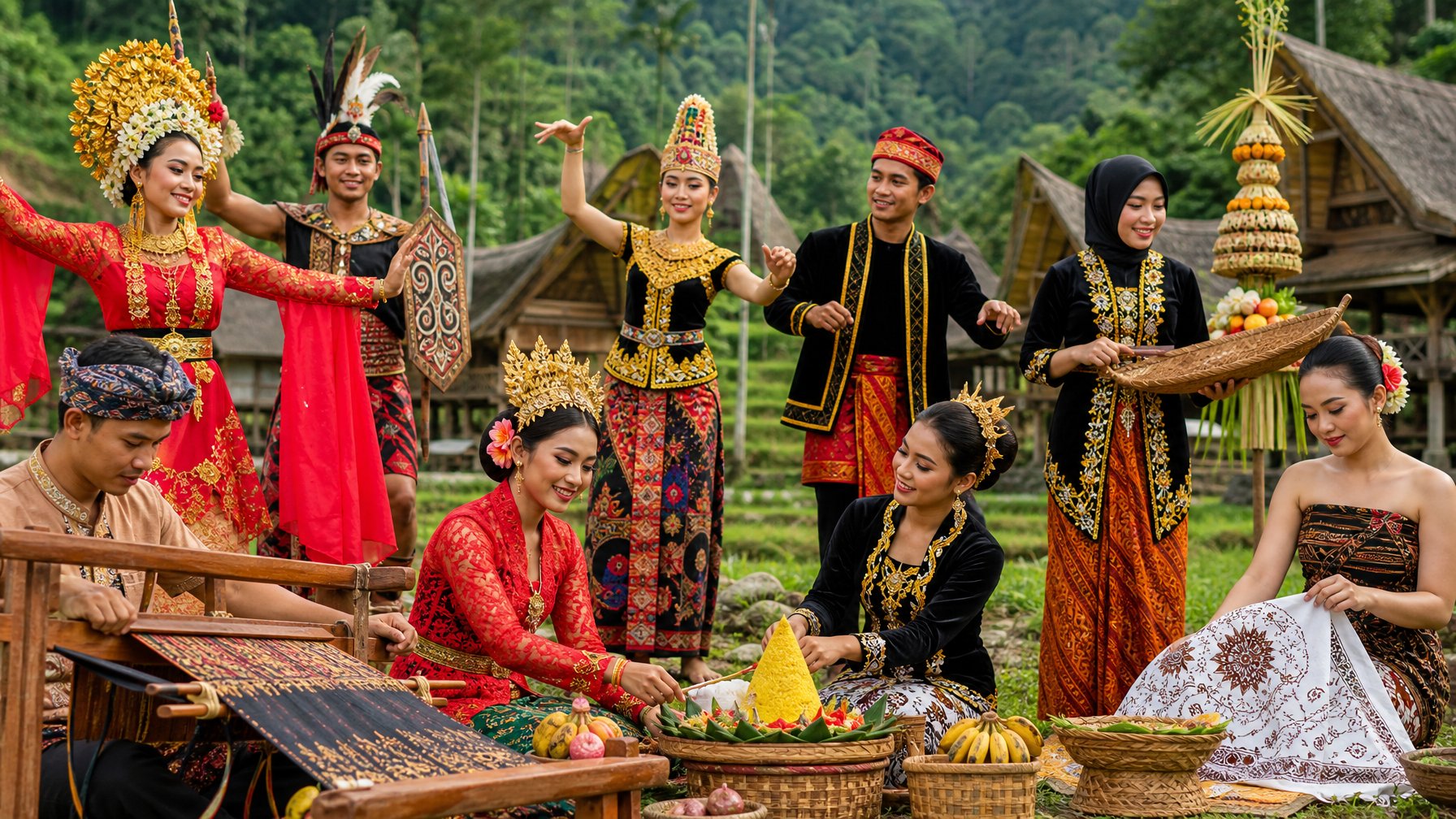 Sekelompok orang mengenakan pakaian tradisional Indonesia dari berbagai suku sedang melakukan aktivitas budaya di luar ruangan dengan latar alam tropis dan rumah tradisional.