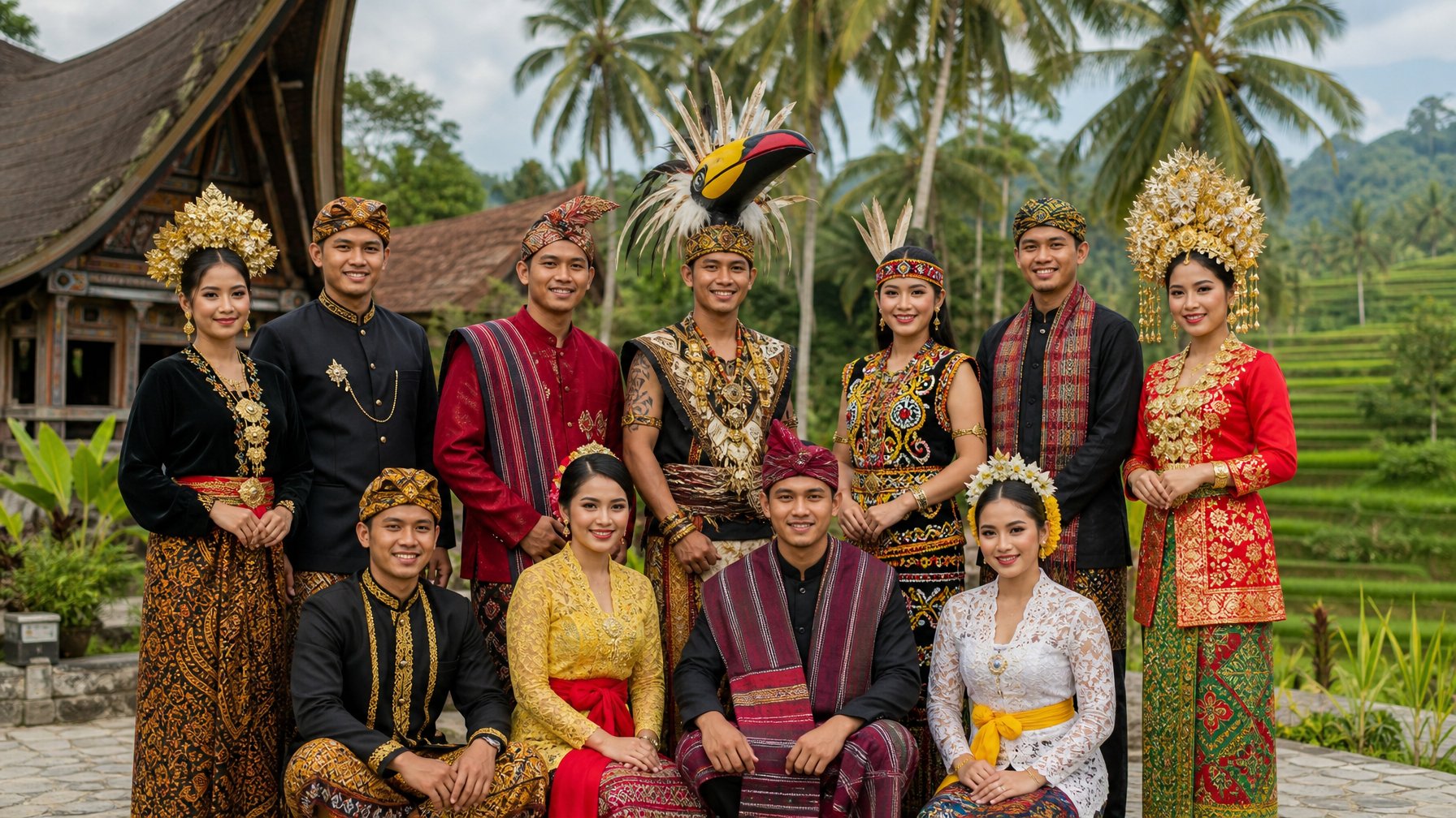 Sekelompok orang dari berbagai suku di Indonesia mengenakan pakaian tradisional mereka di luar ruangan dengan latar alam tropis.