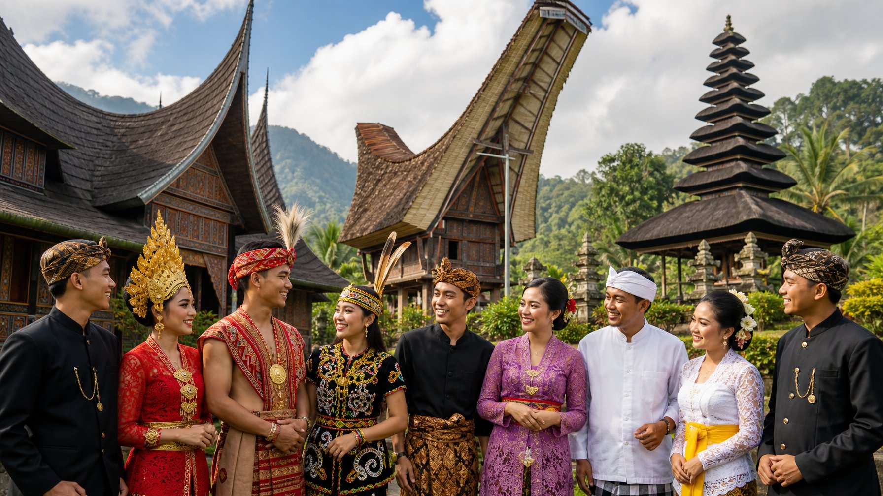 Sekelompok orang Indonesia dari berbagai suku dengan pakaian adat berdiri di depan rumah adat khas masing-masing suku.
