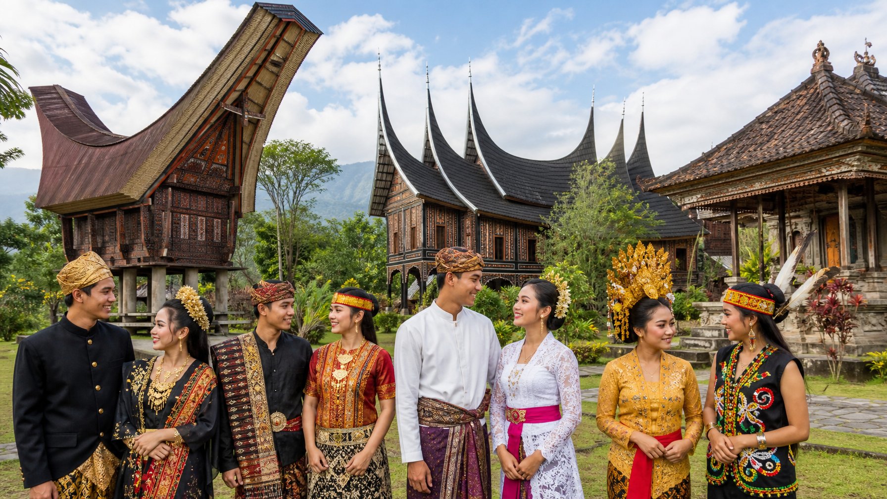 Beberapa orang dari berbagai suku di Indonesia mengenakan pakaian adat berdiri di dekat rumah adat tradisional yang berbeda-beda di luar ruangan.