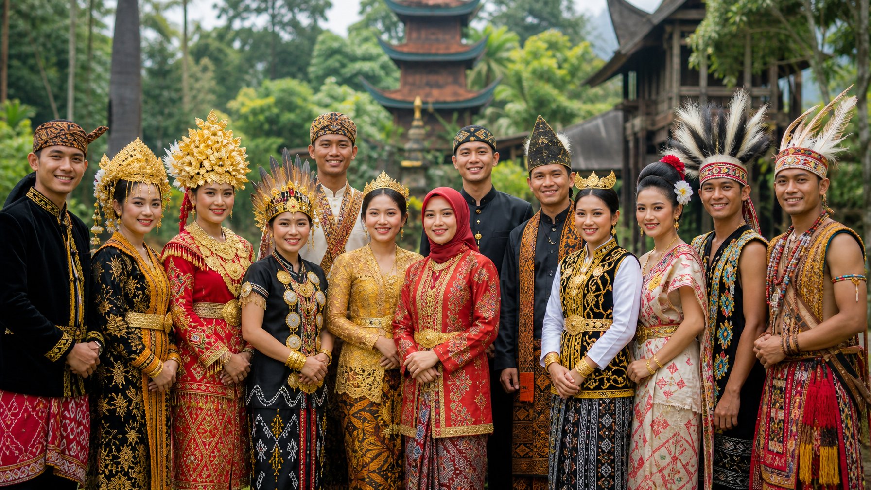 Sekelompok orang Indonesia dari berbagai suku yang mengenakan pakaian adat tradisional berdiri bersama di luar ruangan dengan latar belakang alam dan bangunan tradisional.