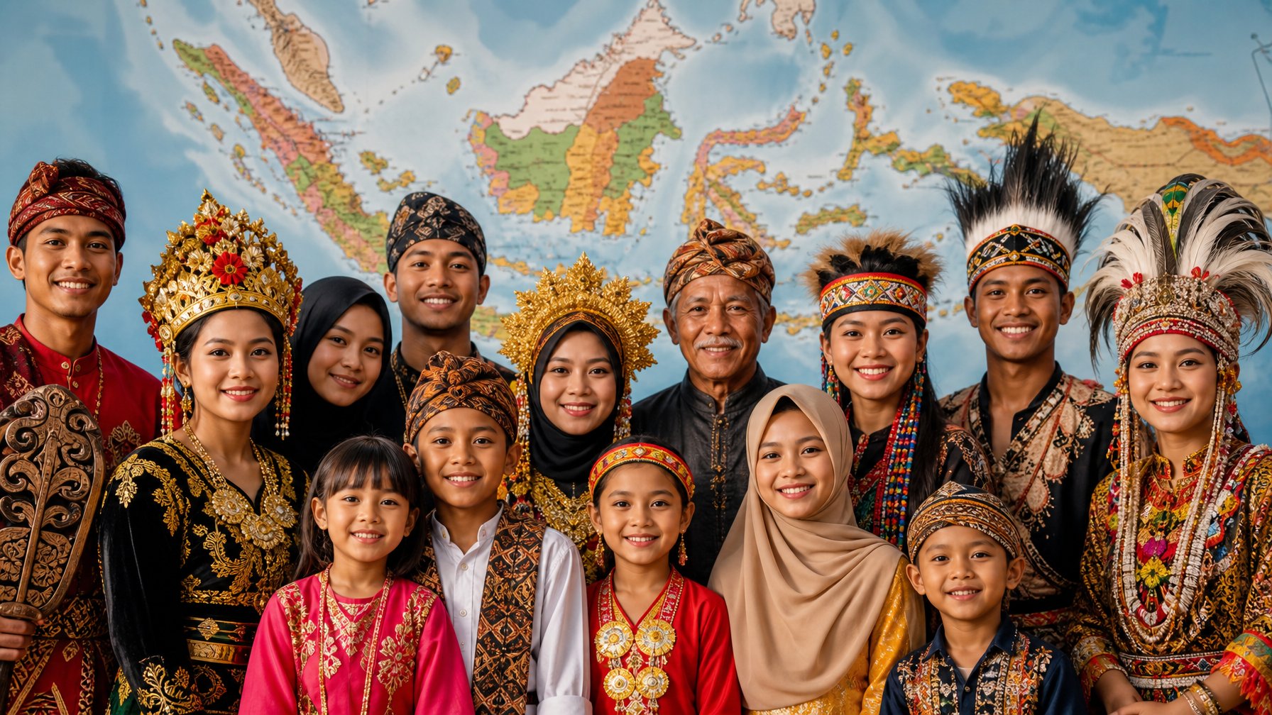 Sekelompok orang dari berbagai suku di Indonesia mengenakan pakaian tradisional berwarna-warni dengan latar belakang peta Indonesia.