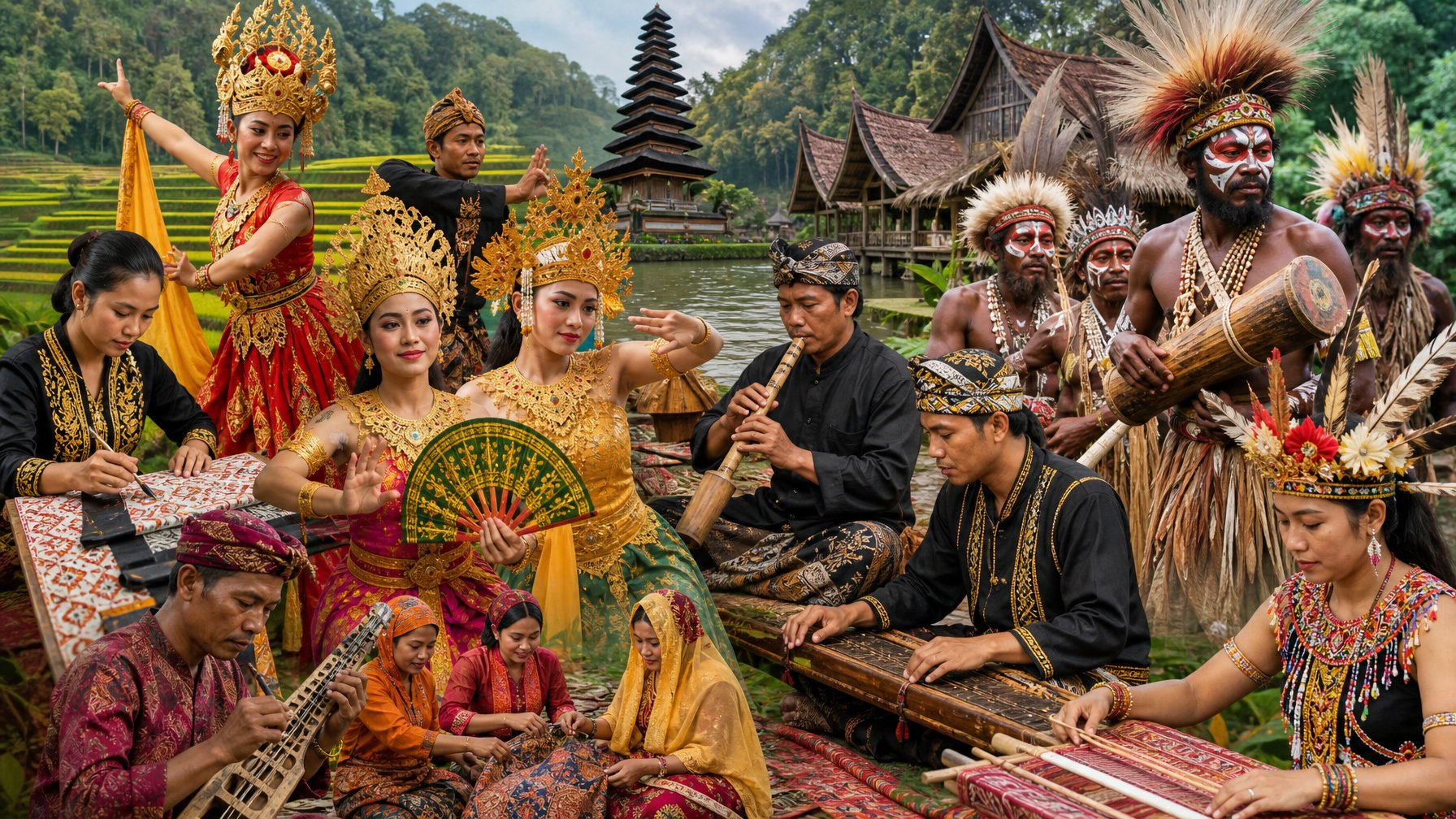 Sekelompok orang Indonesia mengenakan pakaian tradisional dari berbagai daerah sedang melakukan aktivitas budaya seperti menari dan memainkan alat musik tradisional dengan latar pemandangan alam Indonesia.