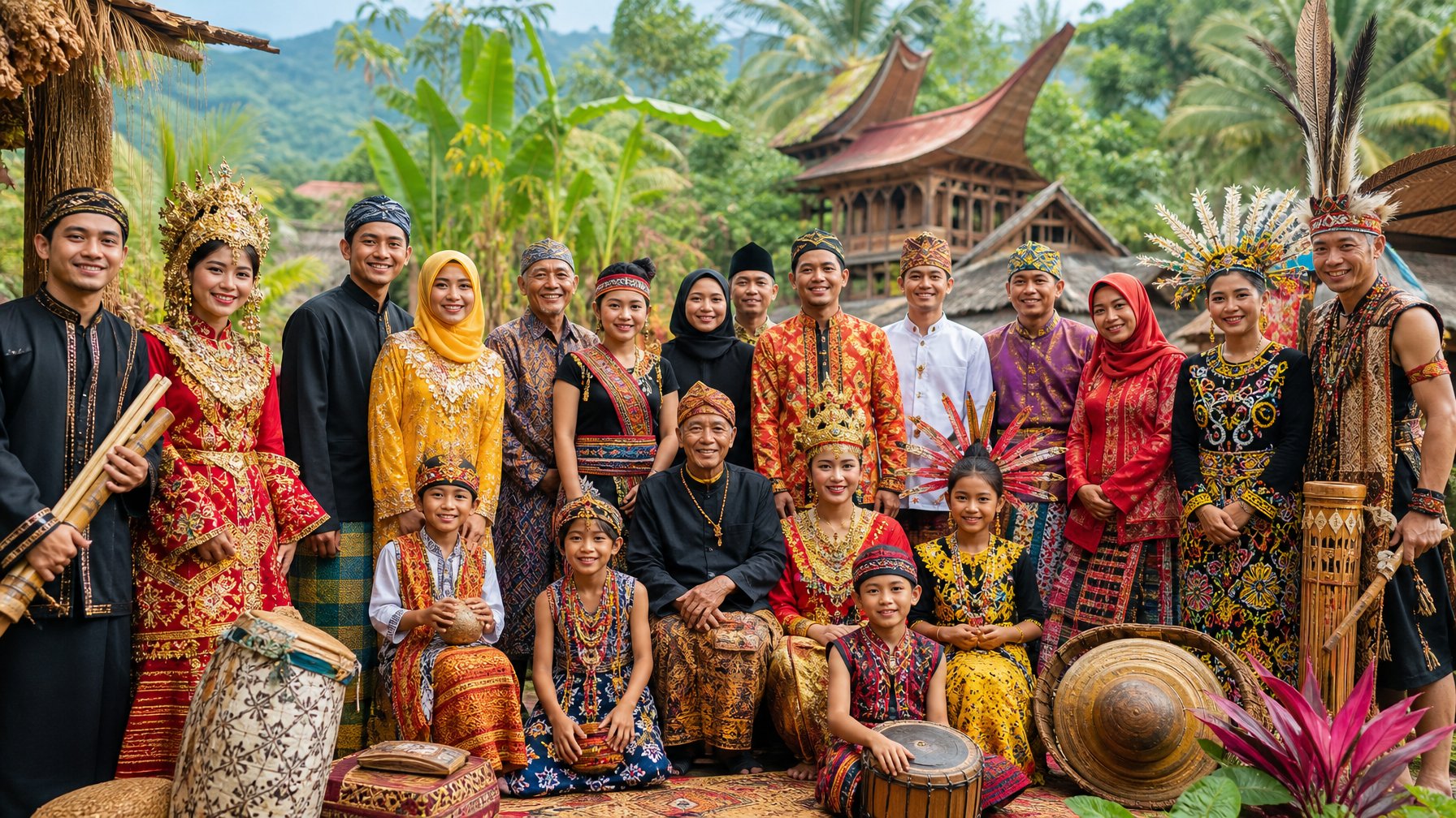 Sekelompok orang Indonesia dari berbagai suku bangsa mengenakan pakaian adat tradisional di luar ruangan dengan latar alam tropis, menunjukkan keberagaman budaya dan kebudayaan daerah.