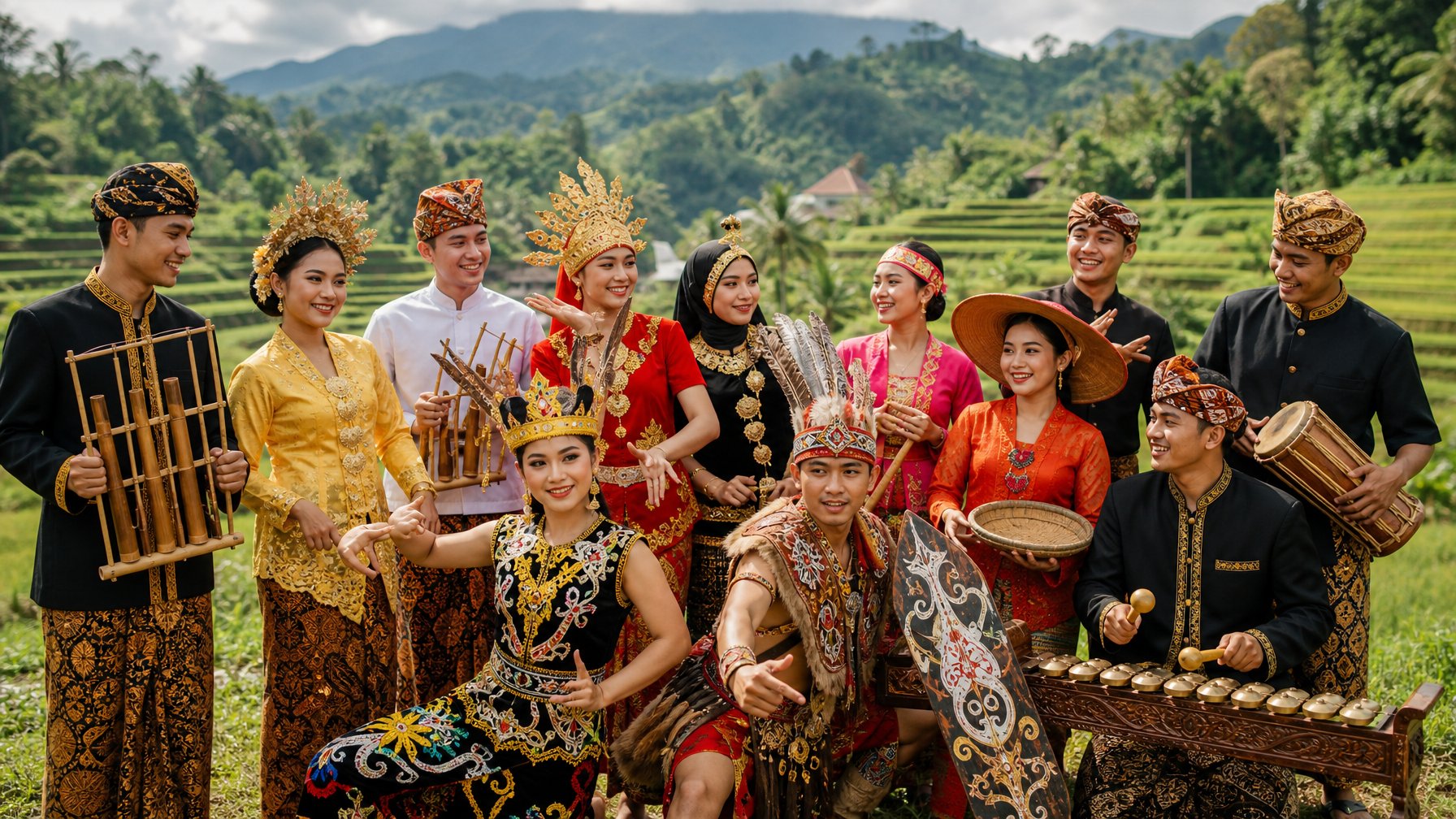 Sekelompok orang Indonesia dari berbagai suku mengenakan pakaian tradisional berwarna-warni, berdiri bersama di alam dengan latar terbuka sawah dan pegunungan, menunjukkan kebersamaan dan warisan budaya.