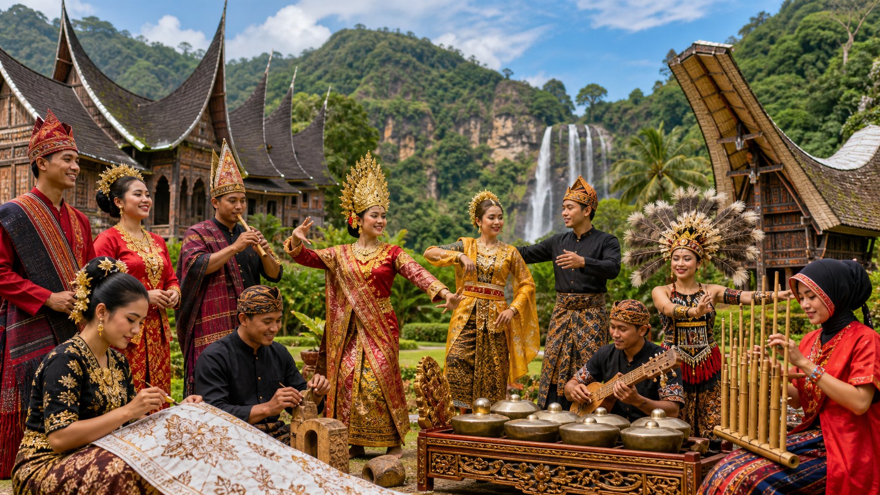 Sekelompok orang Indonesia mengenakan pakaian tradisional dari berbagai suku sedang melakukan aktivitas budaya bersama di latar belakang pemandangan tropis dan rumah adat.