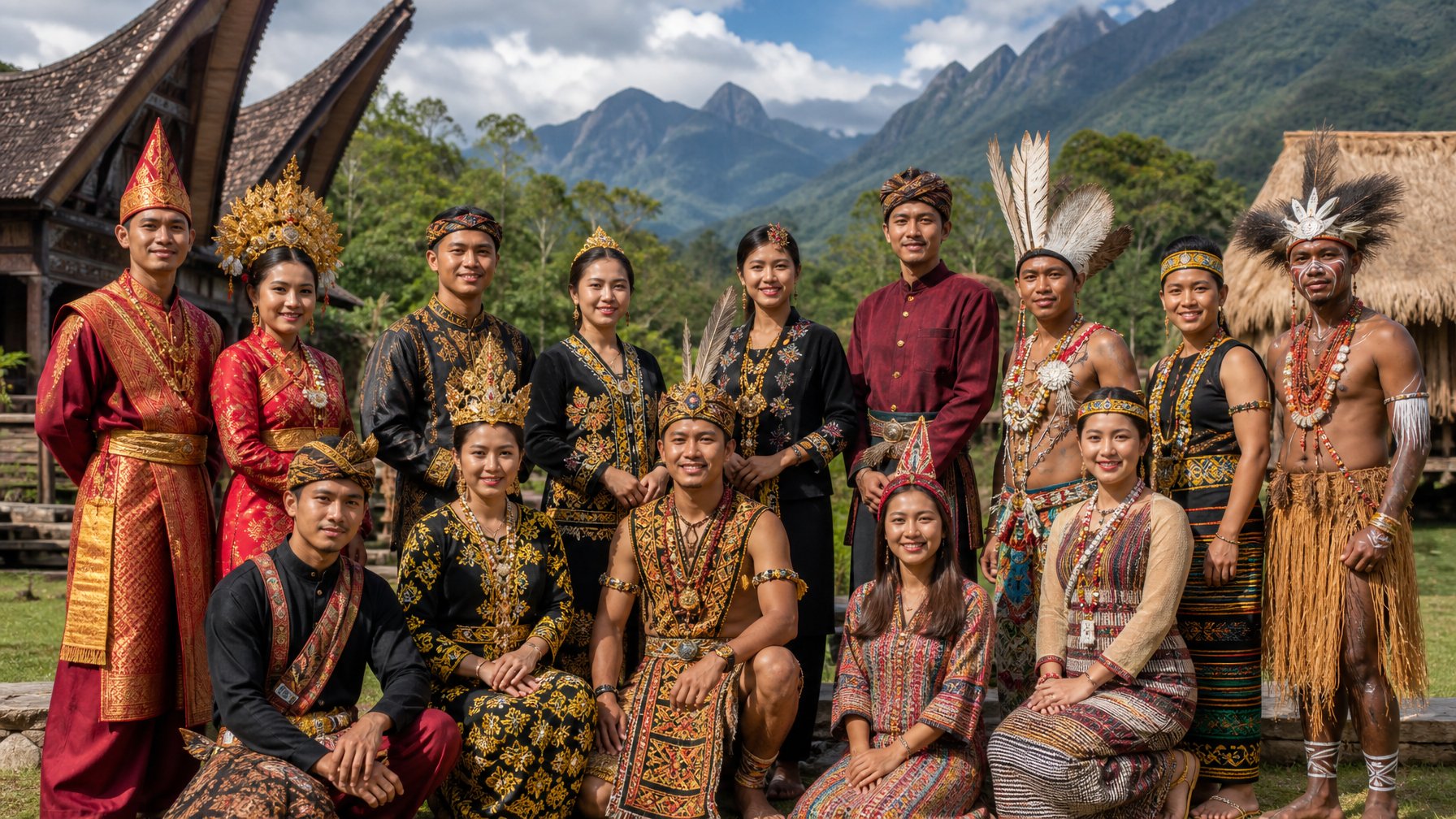 Sekelompok orang Indonesia dari berbagai suku di Pulau Sumatera, Jawa, Kalimantan, dan Papua mengenakan pakaian tradisional berdiri bersama di luar ruangan.