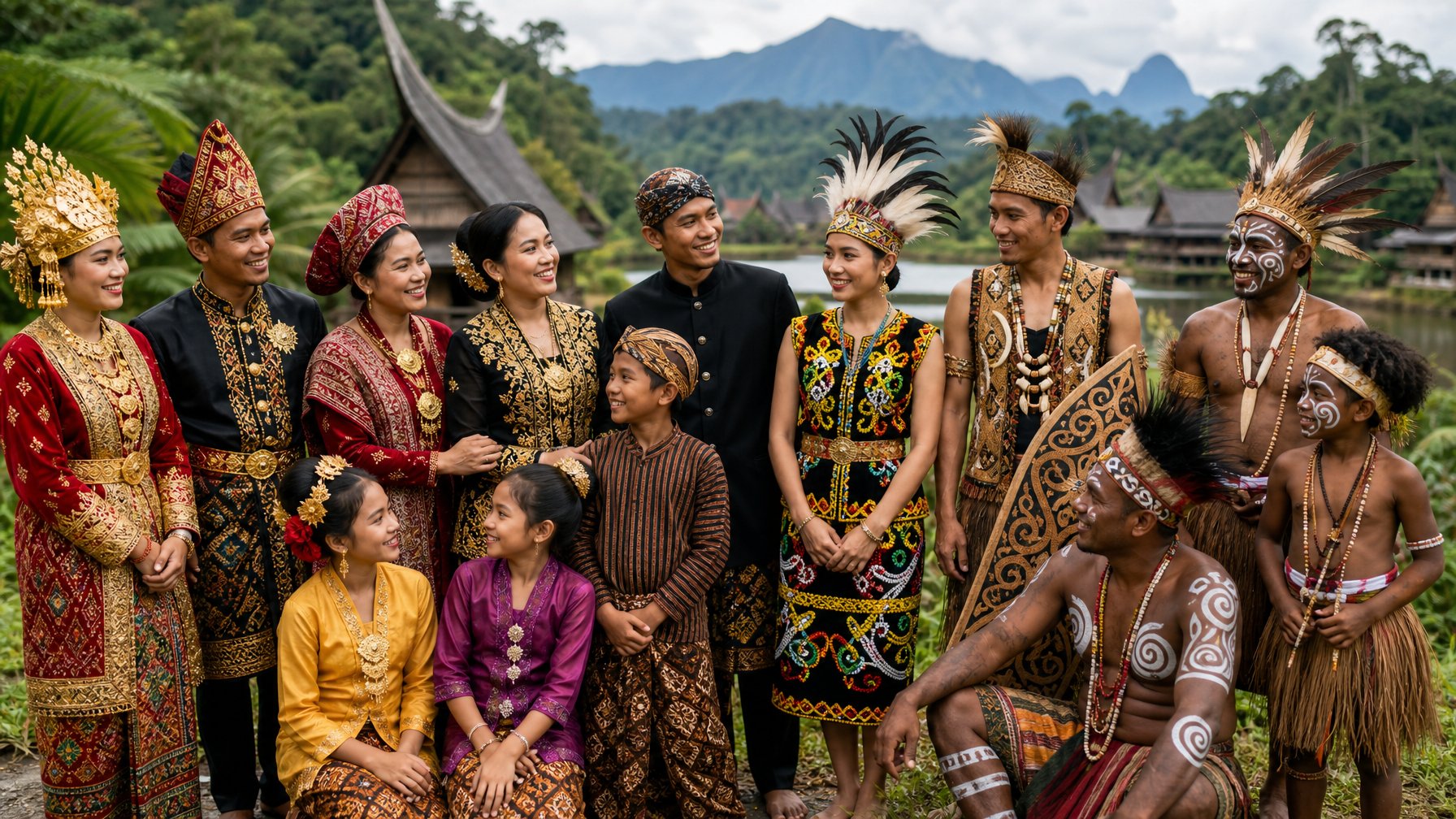 Sekelompok orang dari berbagai suku di Indonesia mengenakan pakaian tradisional khas Sumatera, Jawa, Kalimantan, dan Papua, berdiri bersama di lingkungan alam tropis.