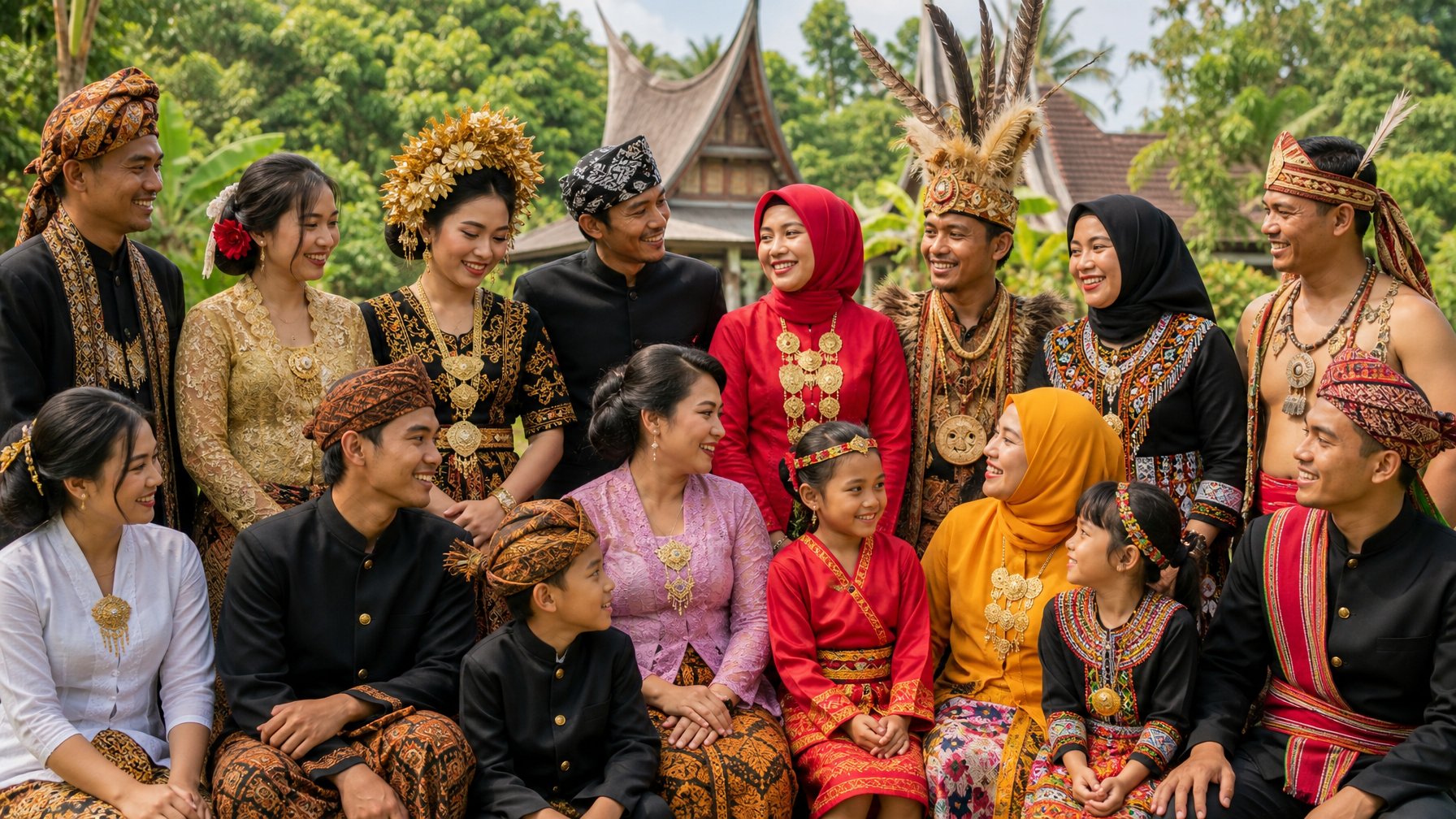 Sekelompok orang Indonesia mengenakan pakaian tradisional dari berbagai suku, berdiri bersama di luar ruangan dengan latar belakang alam tropis dan bangunan tradisional.