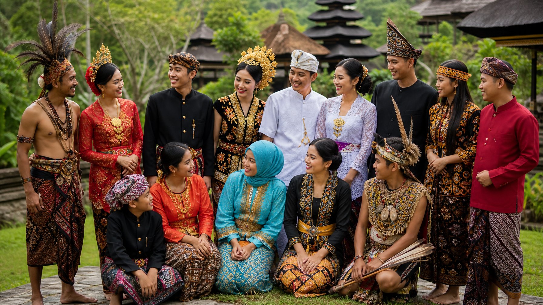 Sekelompok orang dari berbagai suku utama di Indonesia mengenakan pakaian tradisional berwarna-warni sedang berkumpul di luar ruangan dengan latar belakang alam dan bangunan tradisional.
