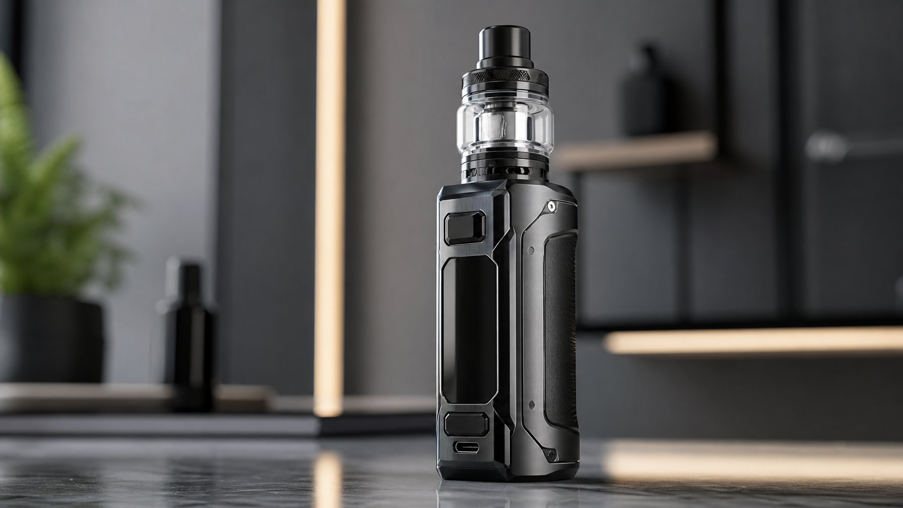 Perangkat vape mod terbaru tahun 2026 dengan desain modern dan kokoh diletakkan di atas permukaan bersih.