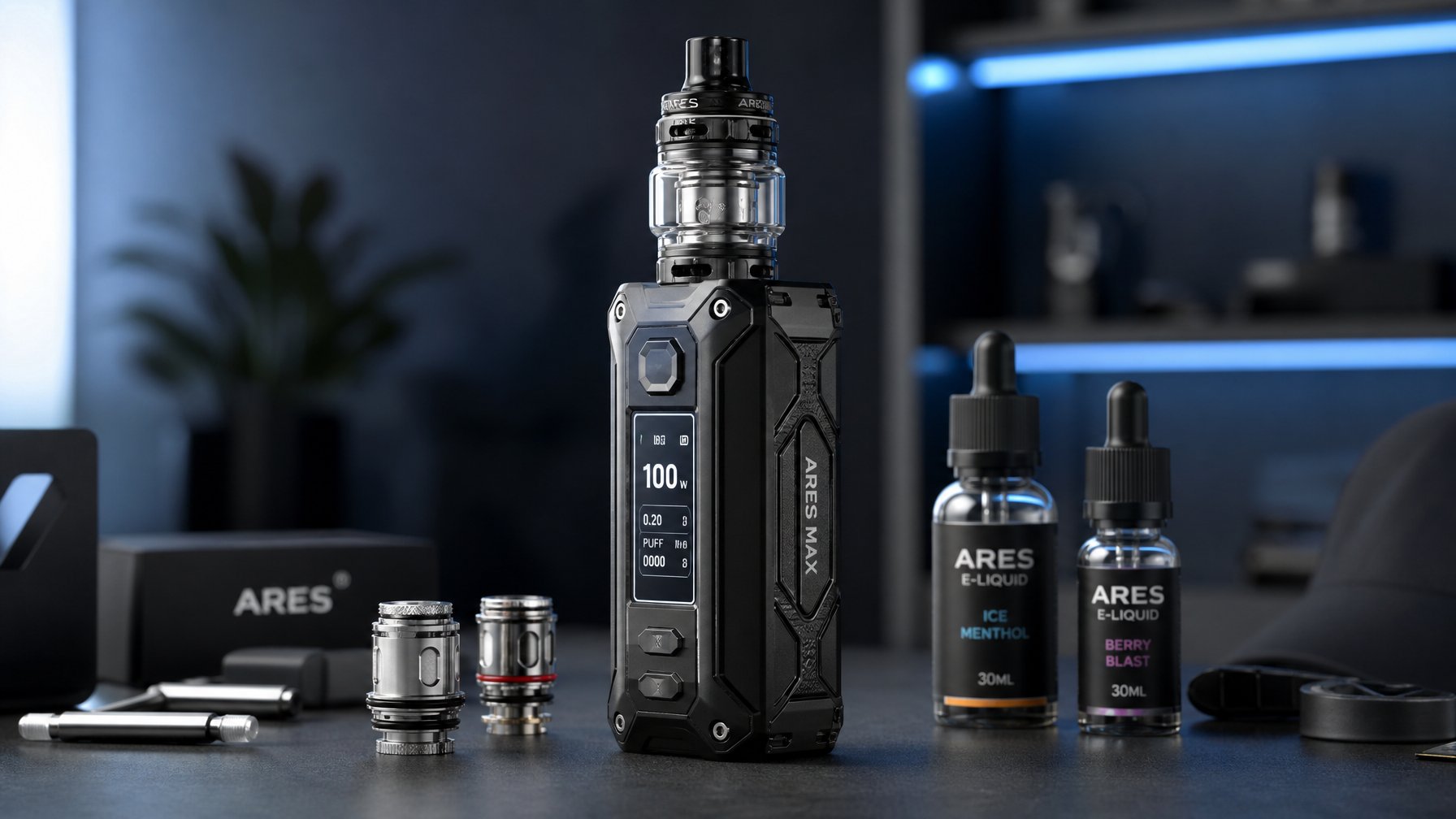 Sebuah perangkat vape mod terbaru dan kuat tahun 2026 diletakkan di atas permukaan modern dengan aksesori vape di sekitarnya, latar belakang bersih dan pencahayaan lembut.