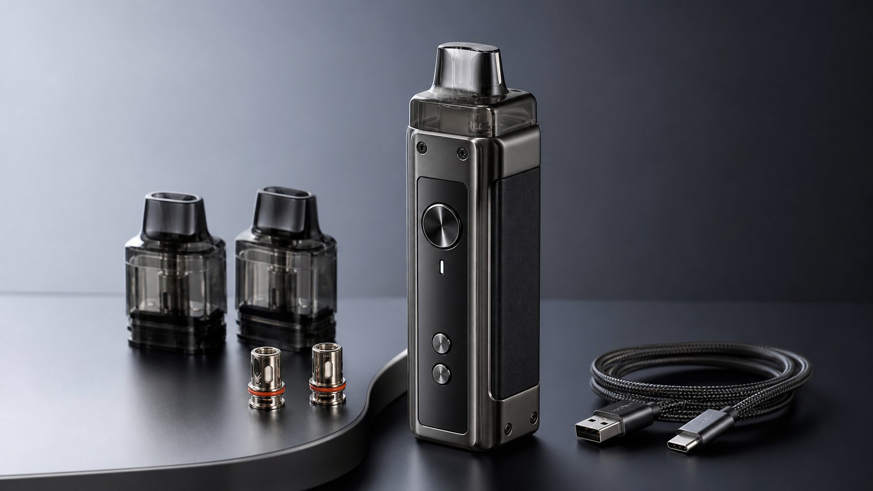 Perangkat vape MOD terbaru tahun 2026 dengan desain futuristik diletakkan di atas permukaan modern bersama aksesori vape yang rapi.