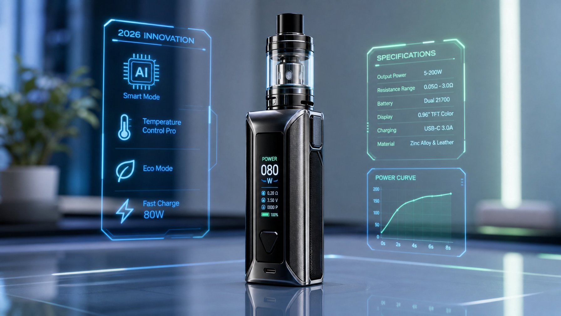 Sebuah perangkat vape modern dengan desain futuristik diletakkan di atas permukaan reflektif dengan latar belakang minimalis.