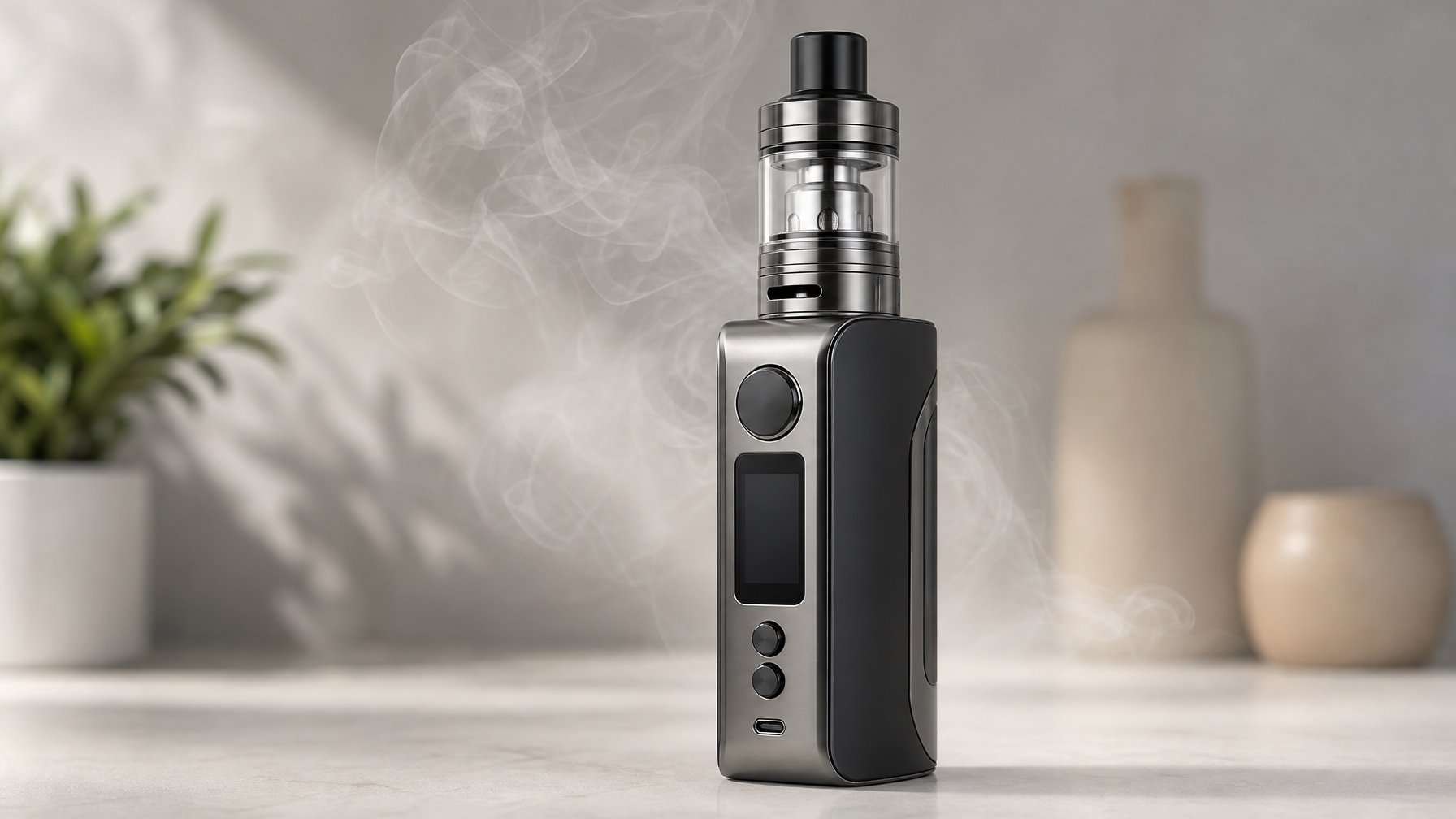 Sebuah perangkat vape mod modern diletakkan di atas permukaan bersih dengan uap halus yang naik di sekitarnya.