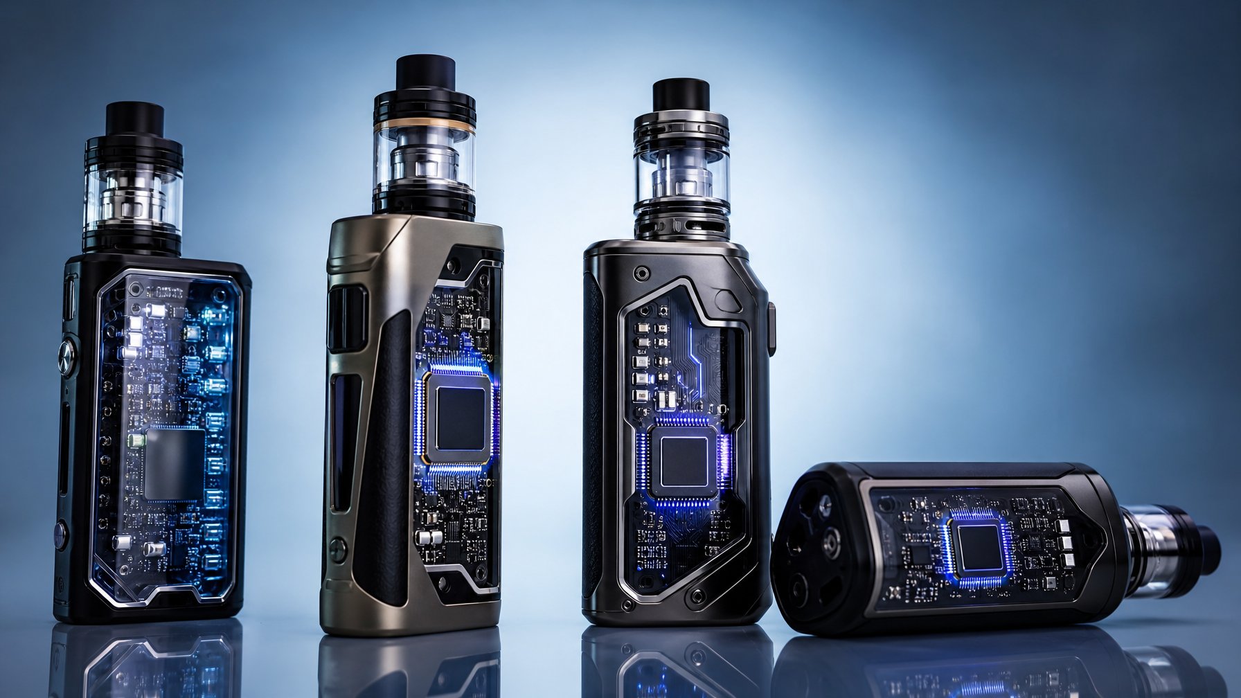 Beberapa perangkat vape canggih terbaru dengan desain modern dan chipset teknologi tinggi yang ditampilkan di atas permukaan minimalis.