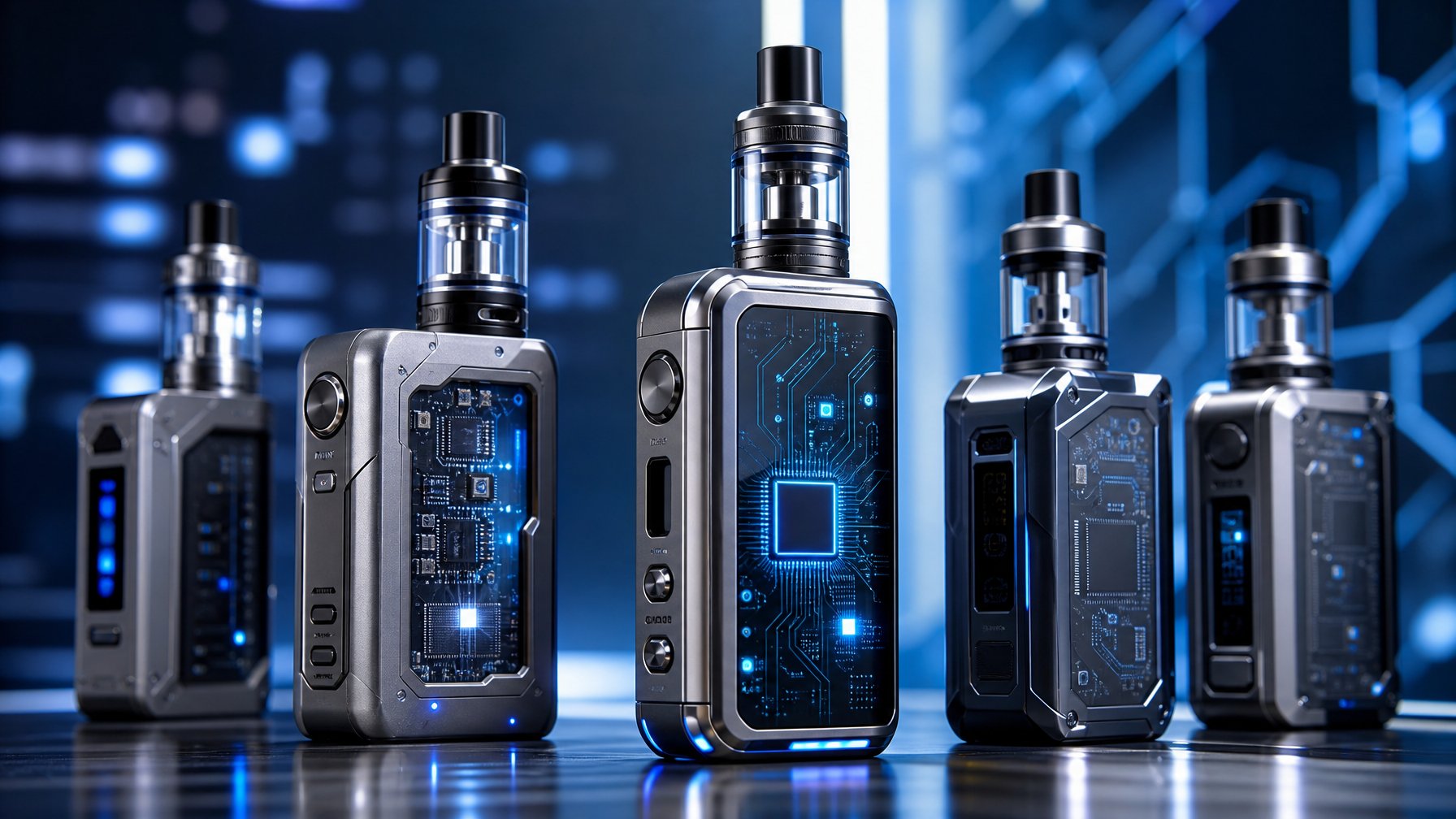 Beberapa perangkat vape modern dengan desain futuristik dan layar digital, diletakkan rapi di atas permukaan reflektif dengan latar belakang teknologi abstrak.