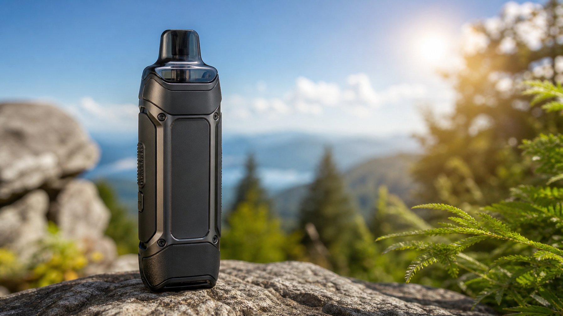 Sebuah perangkat vape modern dan kokoh diletakkan di luar ruangan di atas permukaan alami dengan latar belakang pepohonan dan langit biru.