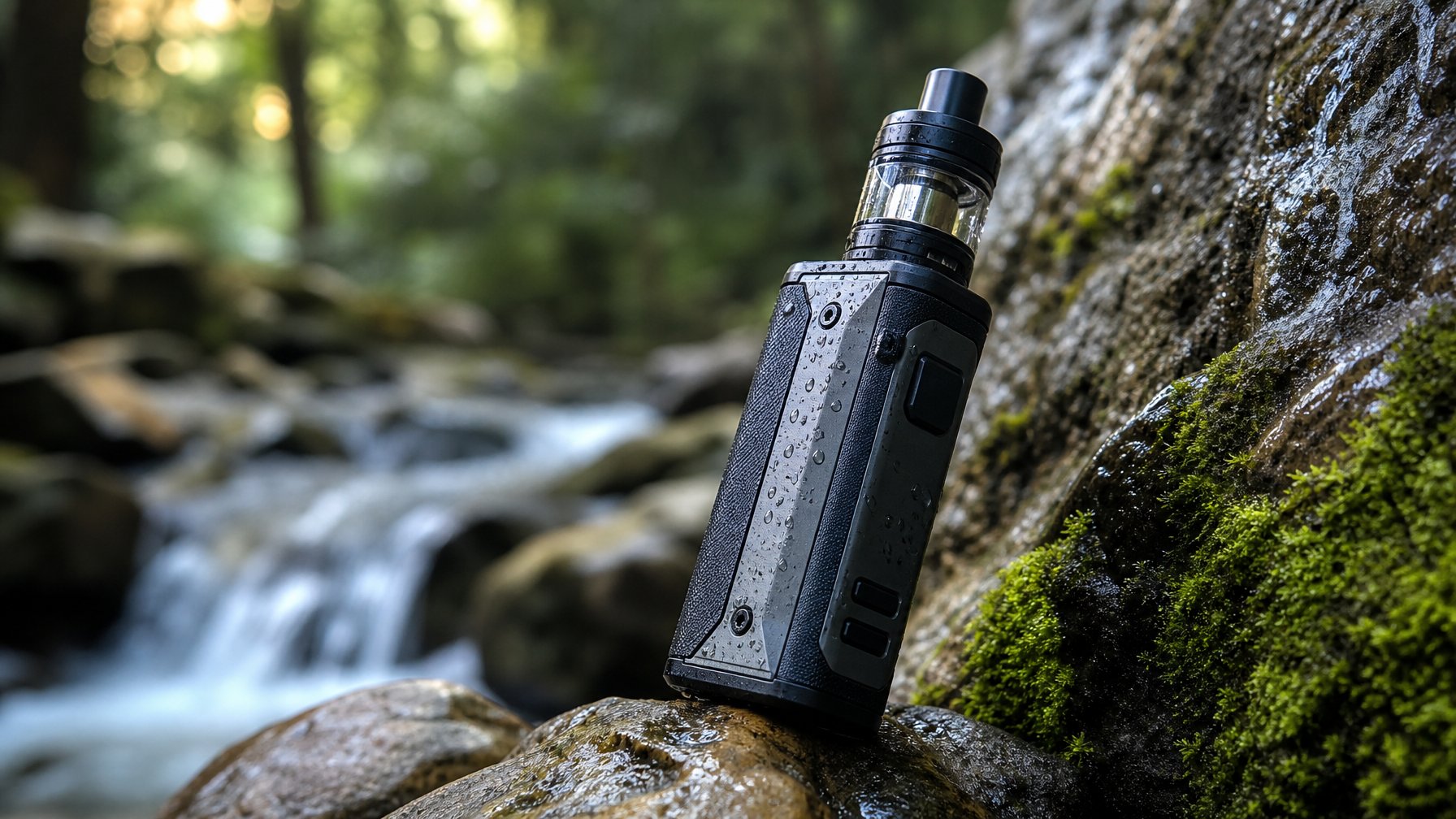 Perangkat vape MOD modern Ditempatkan di lingkungan luar ruangan yang alami dengan latar belakang pepohonan dan batu, menonjolkan ketahanan dan fitur anti bocor.