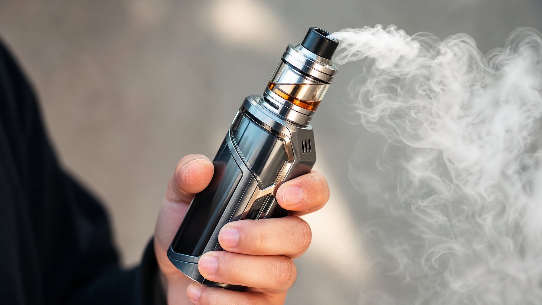 Sebuah perangkat vape mod modern dengan daya tinggi menghasilkan awan uap tebal, dipegang oleh tangan seseorang dengan latar belakang minimalis.
