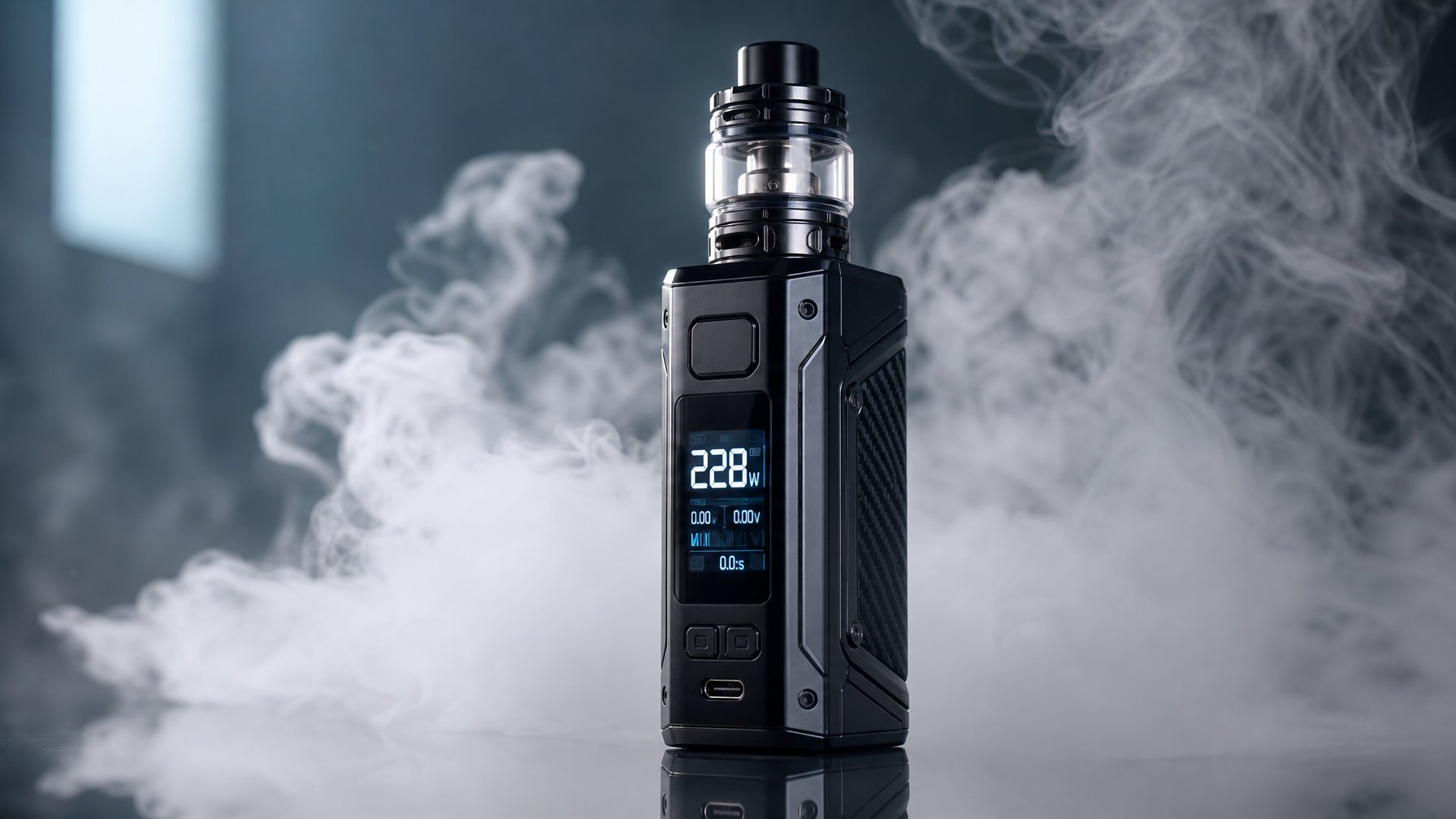 Sebuah perangkat vape mod modern dengan watt tinggi di atas 200W yang mengeluarkan asap vapor di atas permukaan reflektif.