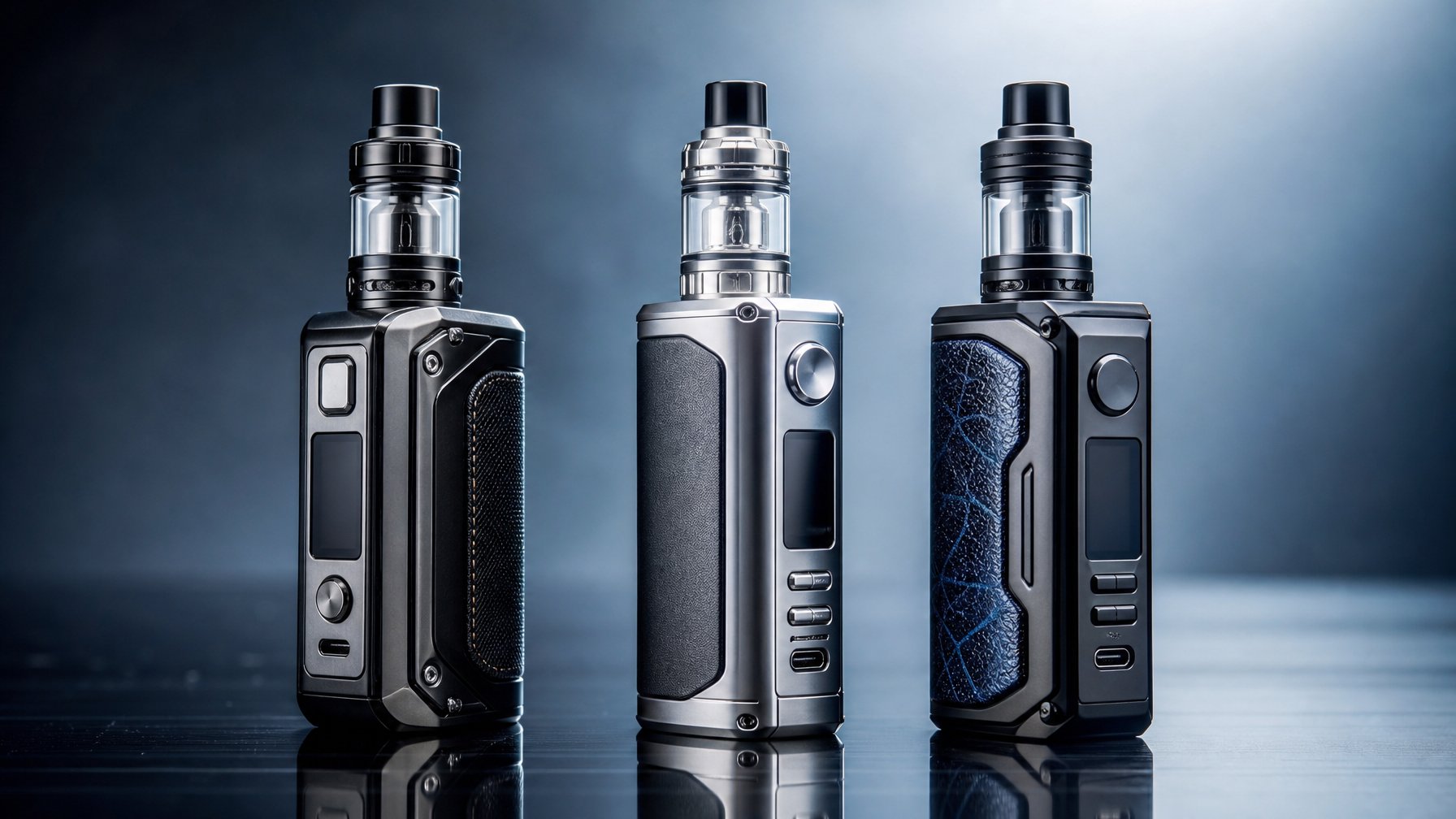 Tiga perangkat vape modern terbaru dari merek VOOPOO, GeekVape, dan Vaporesso yang dikemas rapi di atas permukaan bersih dengan pencahayaan lembut.