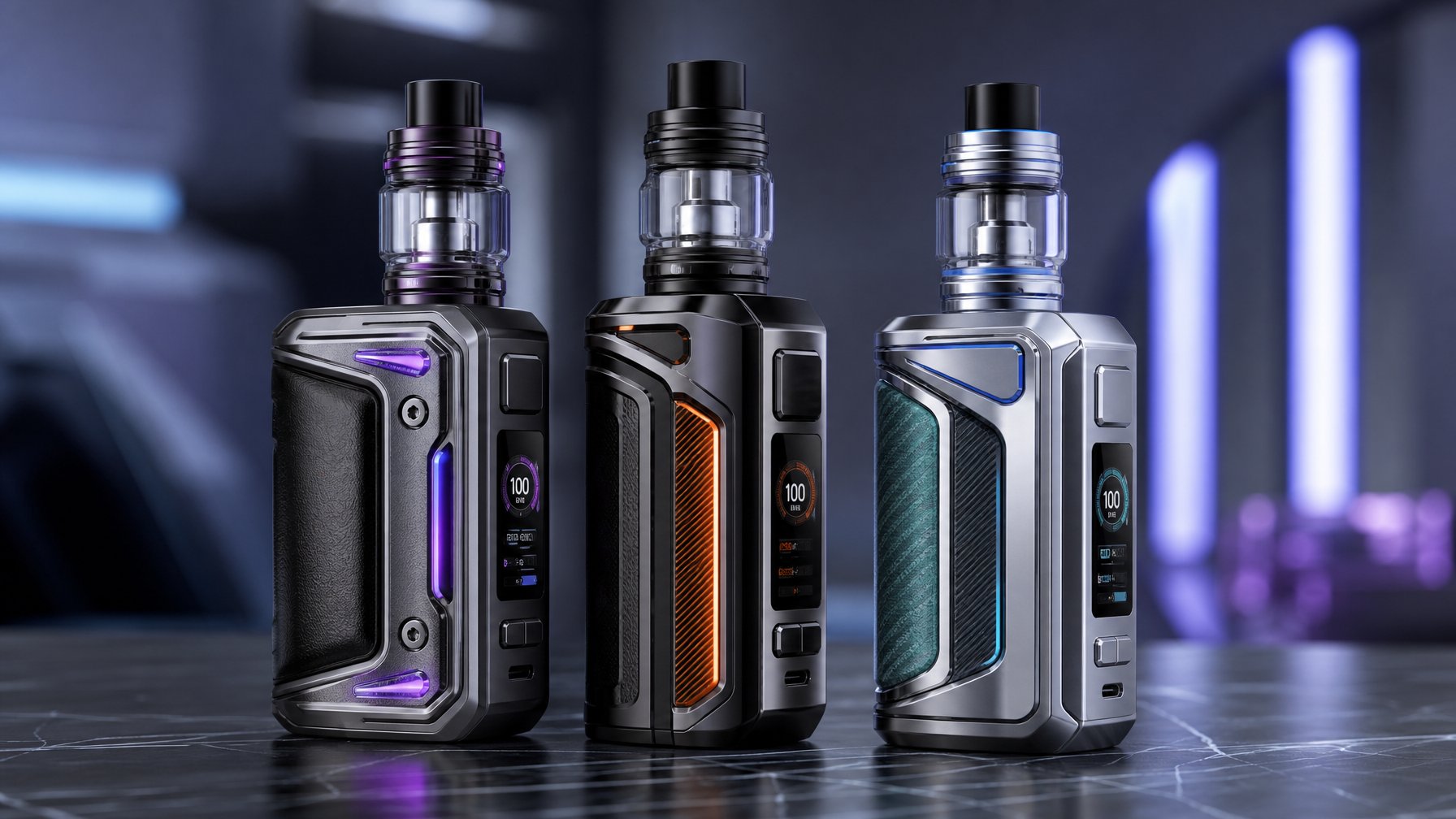Beberapa perangkat MOD vape terbaru dari VOOPOO, GeekVape, dan Vaporesso diletakkan rapi di atas permukaan bersih dengan latar belakang blur.