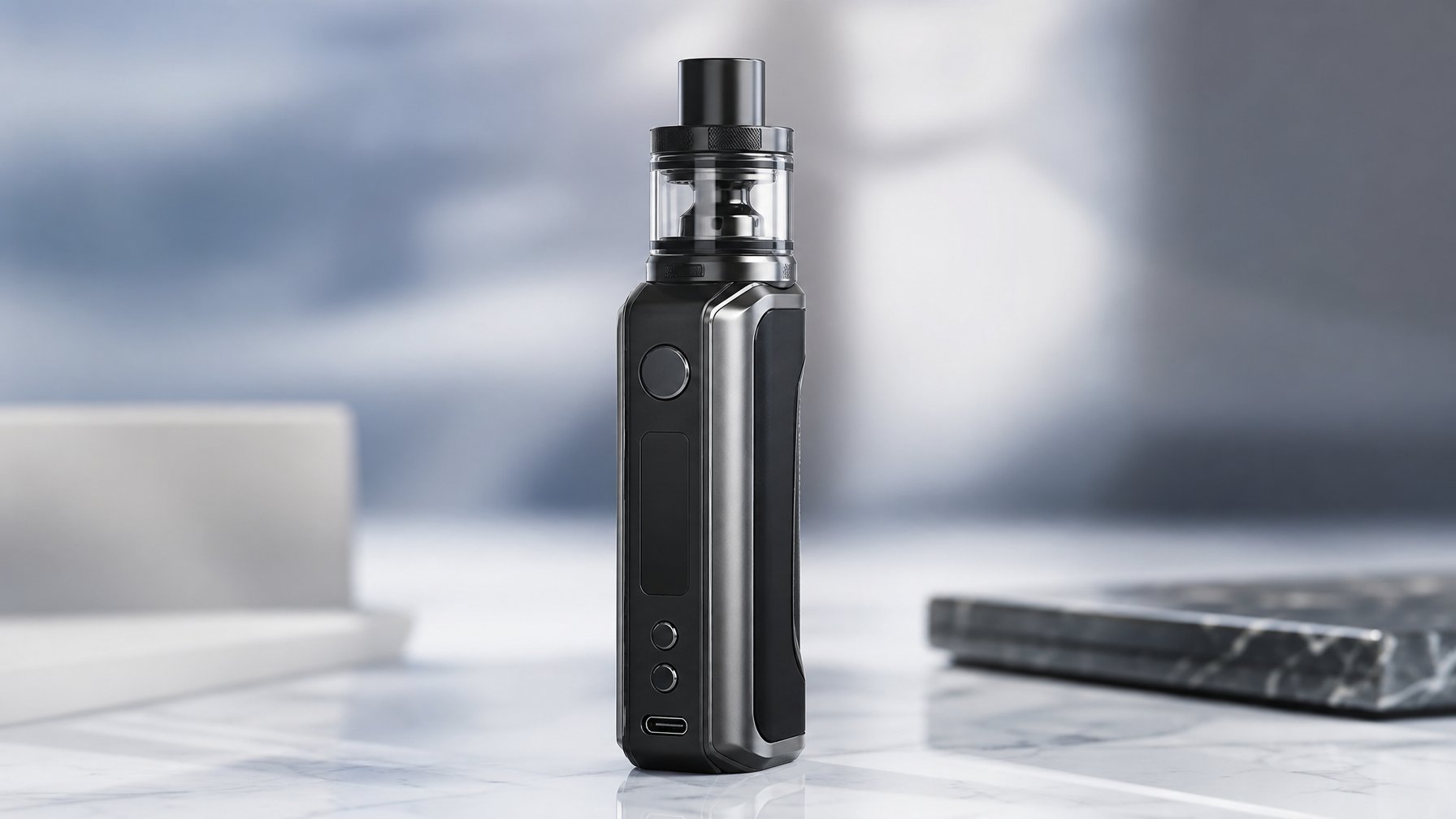 Perangkat vape modern dengan desain futuristik diletakkan di atas permukaan bersih dengan pencahayaan lembut.