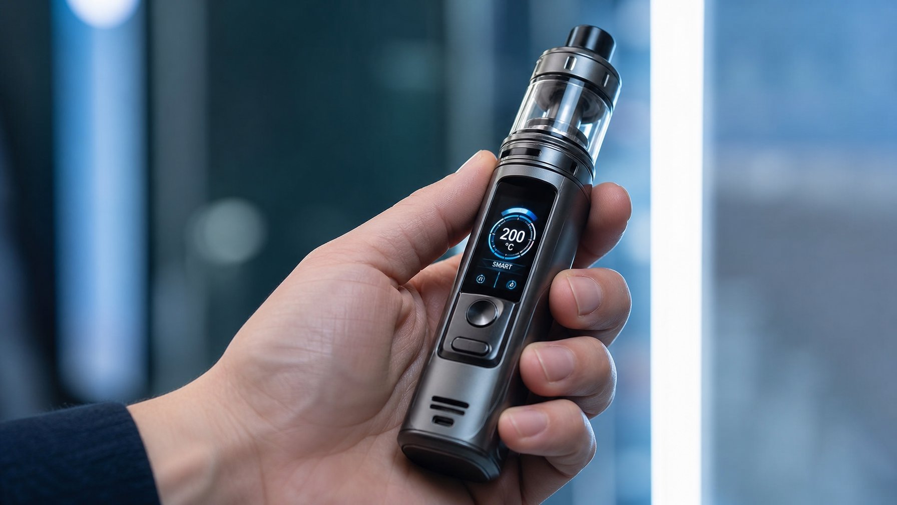 Sebuah perangkat vape MOD modern dengan layar digital yang menampilkan pengaturan suhu dan mode pintar, dipegang oleh seseorang dengan latar belakang sederhana.