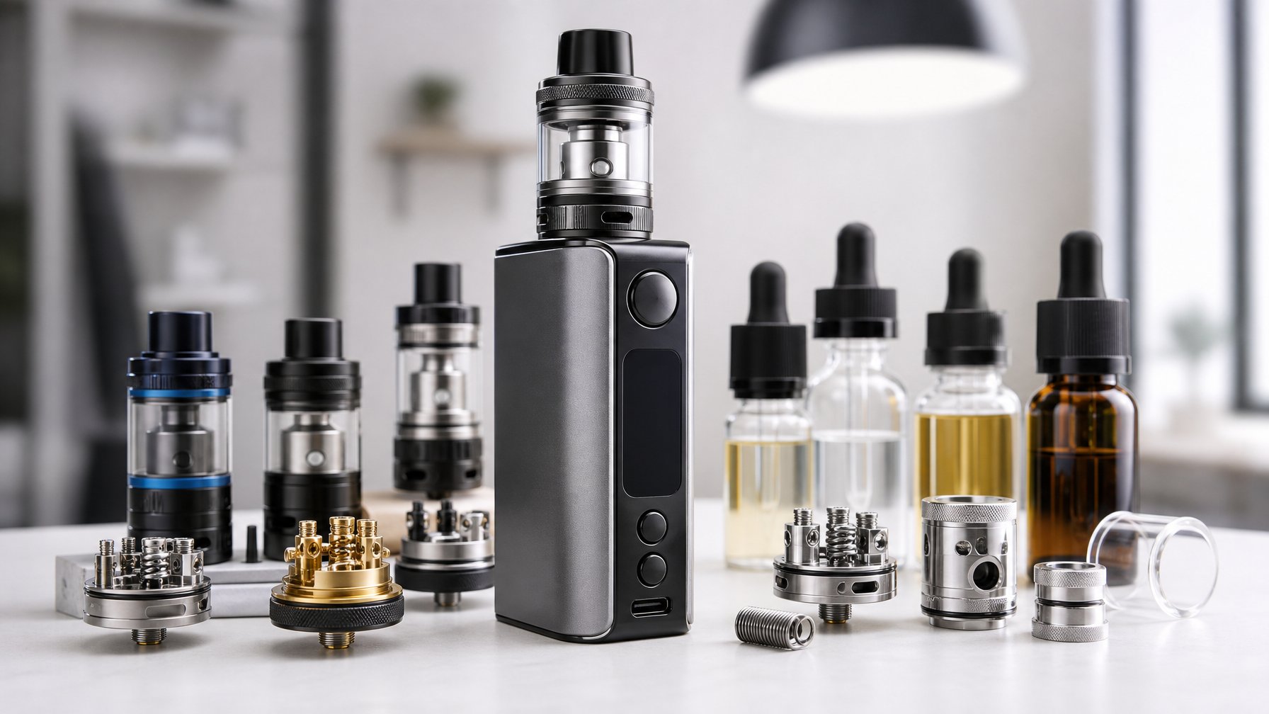 Mod vape modern dengan aksesori vape seperti tank sub-ohm, RBA, koil, dan botol e-liquid di atas meja bersih.