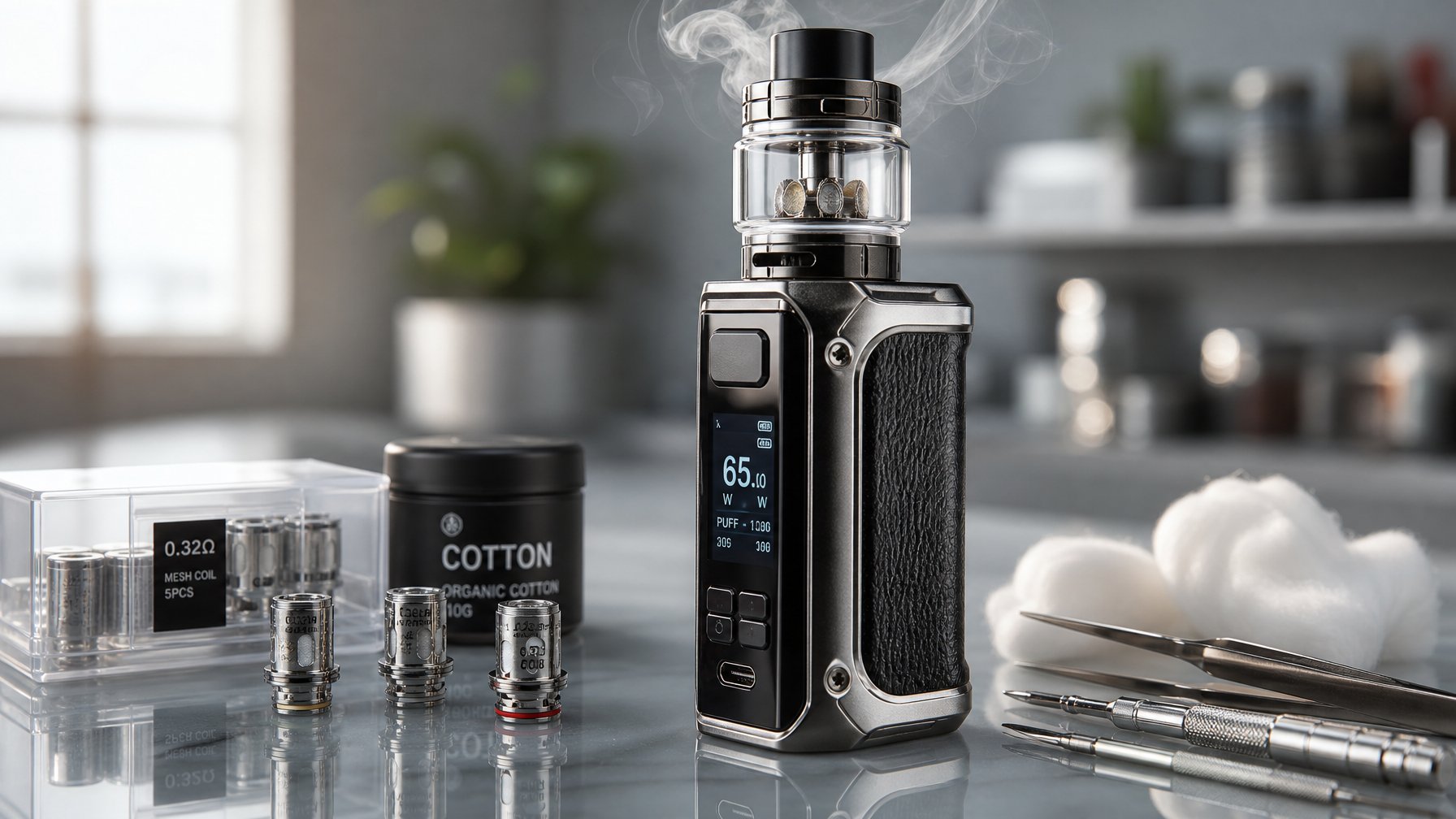 Perangkat vape mod modern dengan tangki kaca dan aksesori vape di atas permukaan bersih.