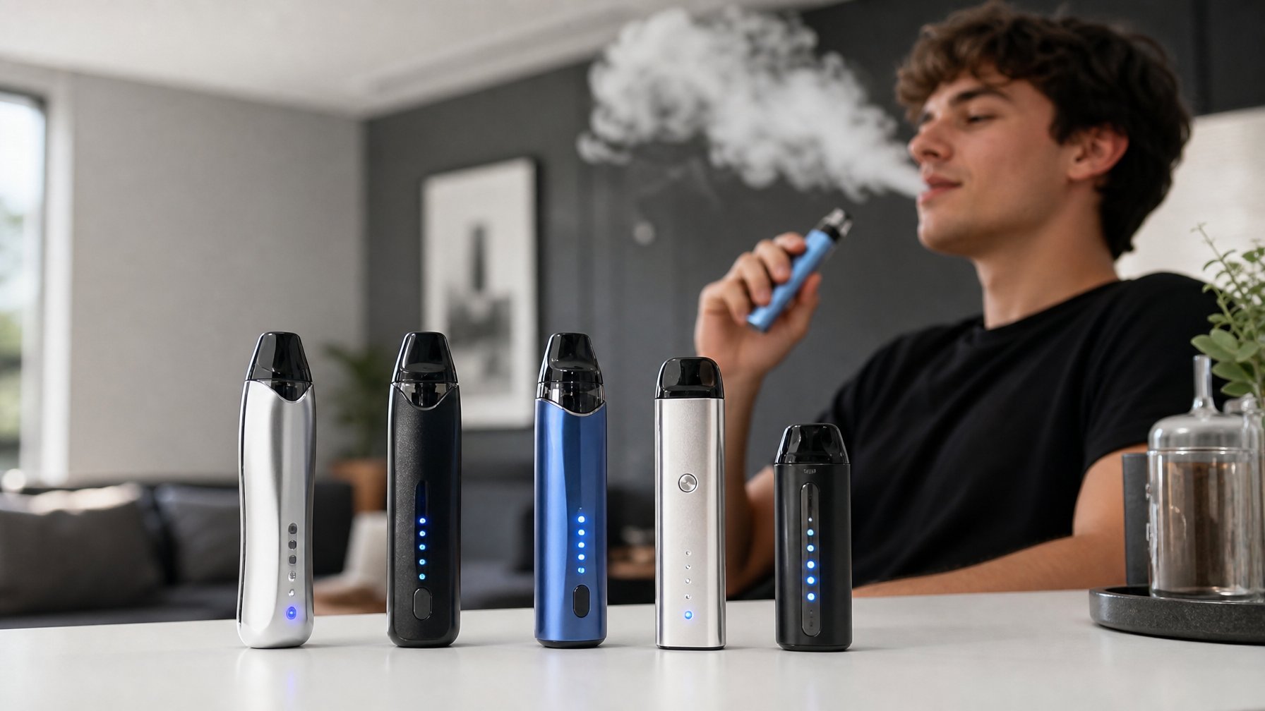 Beberapa perangkat vape modern terbaru diletakkan di atas meja dengan seorang pemula vaping di latar belakang.