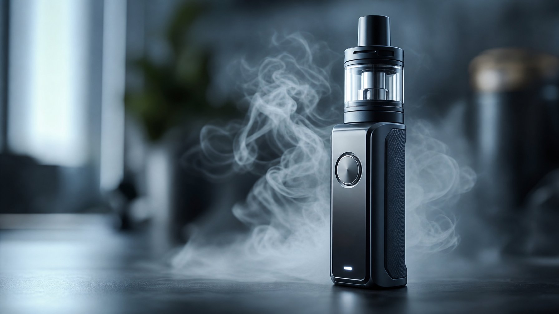 Perangkat vape modern dengan desain canggih ditempatkan di atas permukaan bersih dengan latar belakang buram dan uap di sekitarnya.