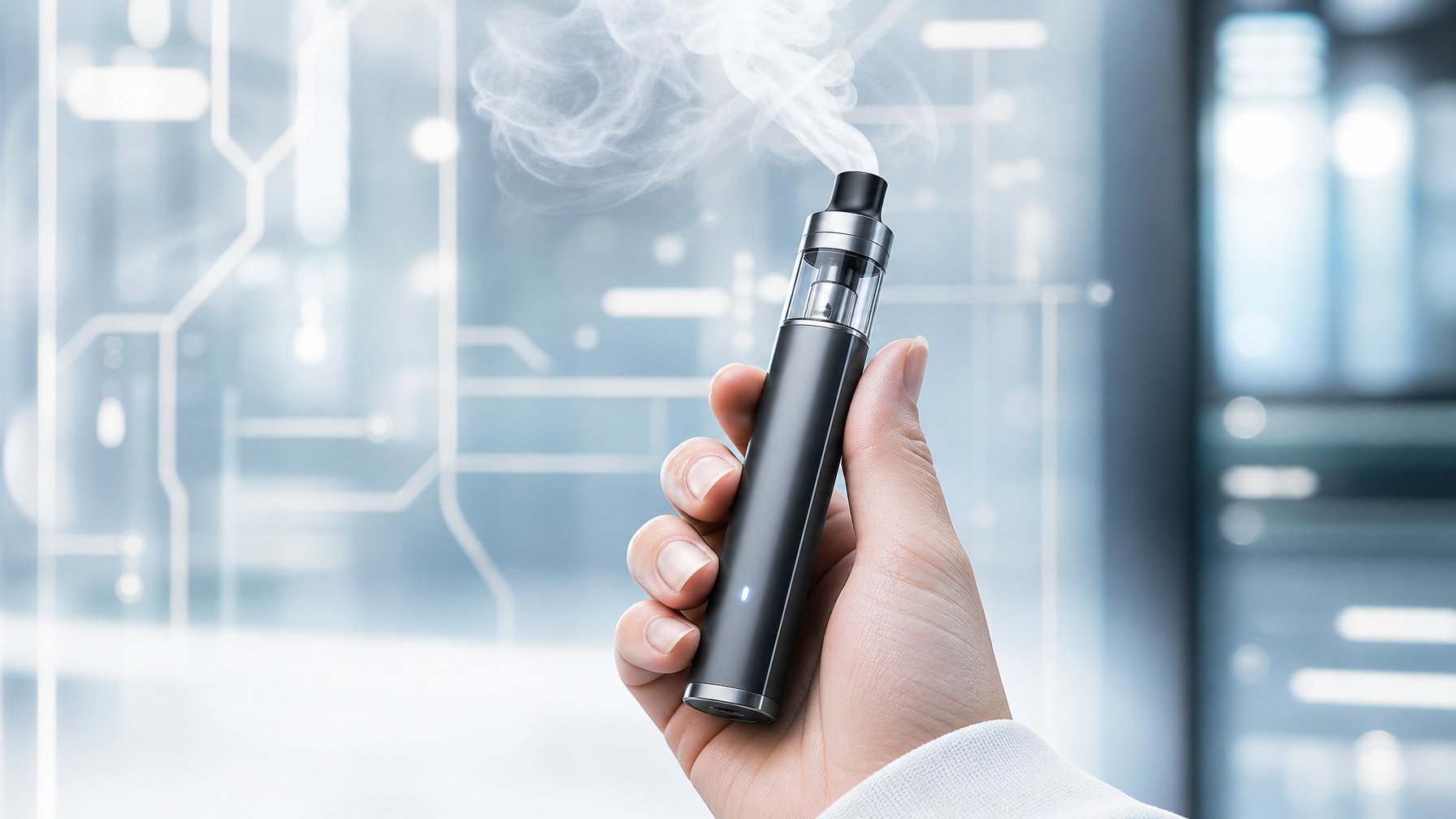 Sebuah vape modern dengan desain futuristik dipegang oleh tangan, dengan latar belakang yang menunjukkan teknologi canggih.