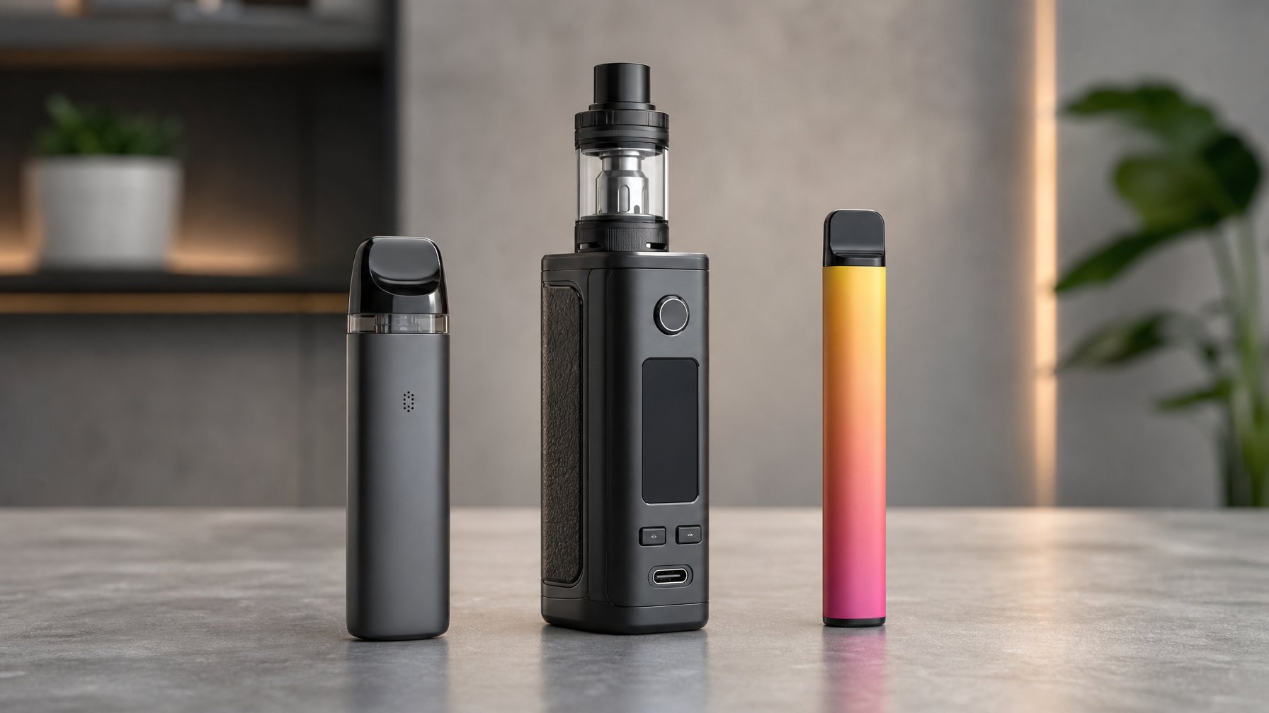 Tiga jenis vape terbaru terdiri dari pod system, mod, dan sekali pakai yang ditata rapi di atas permukaan bersih.