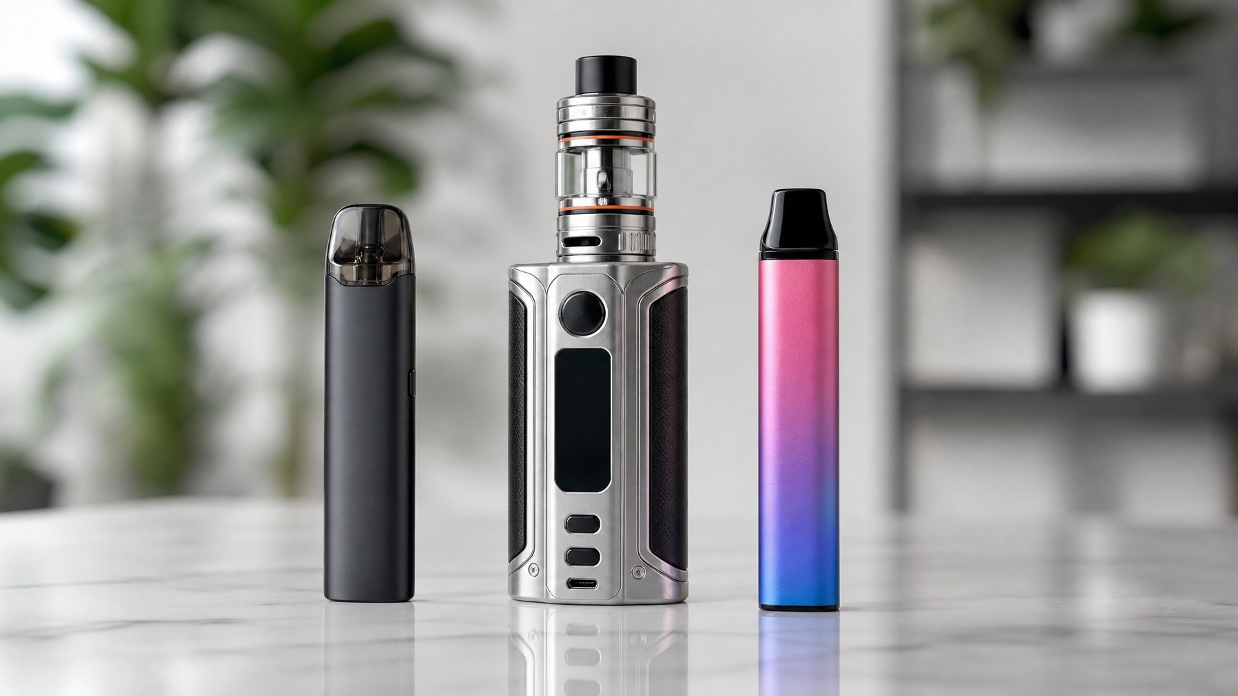 Berbagai jenis vape terbaru terdiri dari pod system, mod, dan sekali pakai yang tersusun rapi di atas permukaan putih.