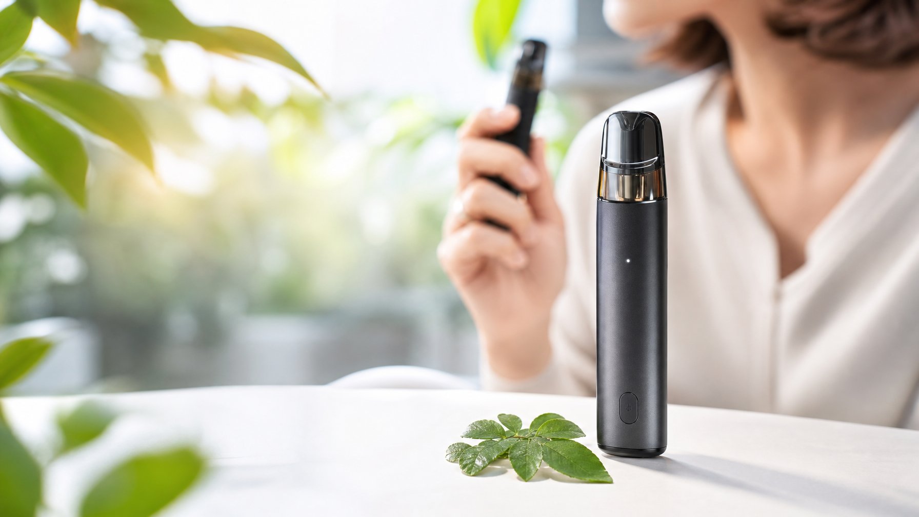 Alat vape modern terbaru diletakkan di atas permukaan putih dengan daun hijau di sekitarnya, latar belakang samar menunjukkan seseorang memegang vape dengan tenang.