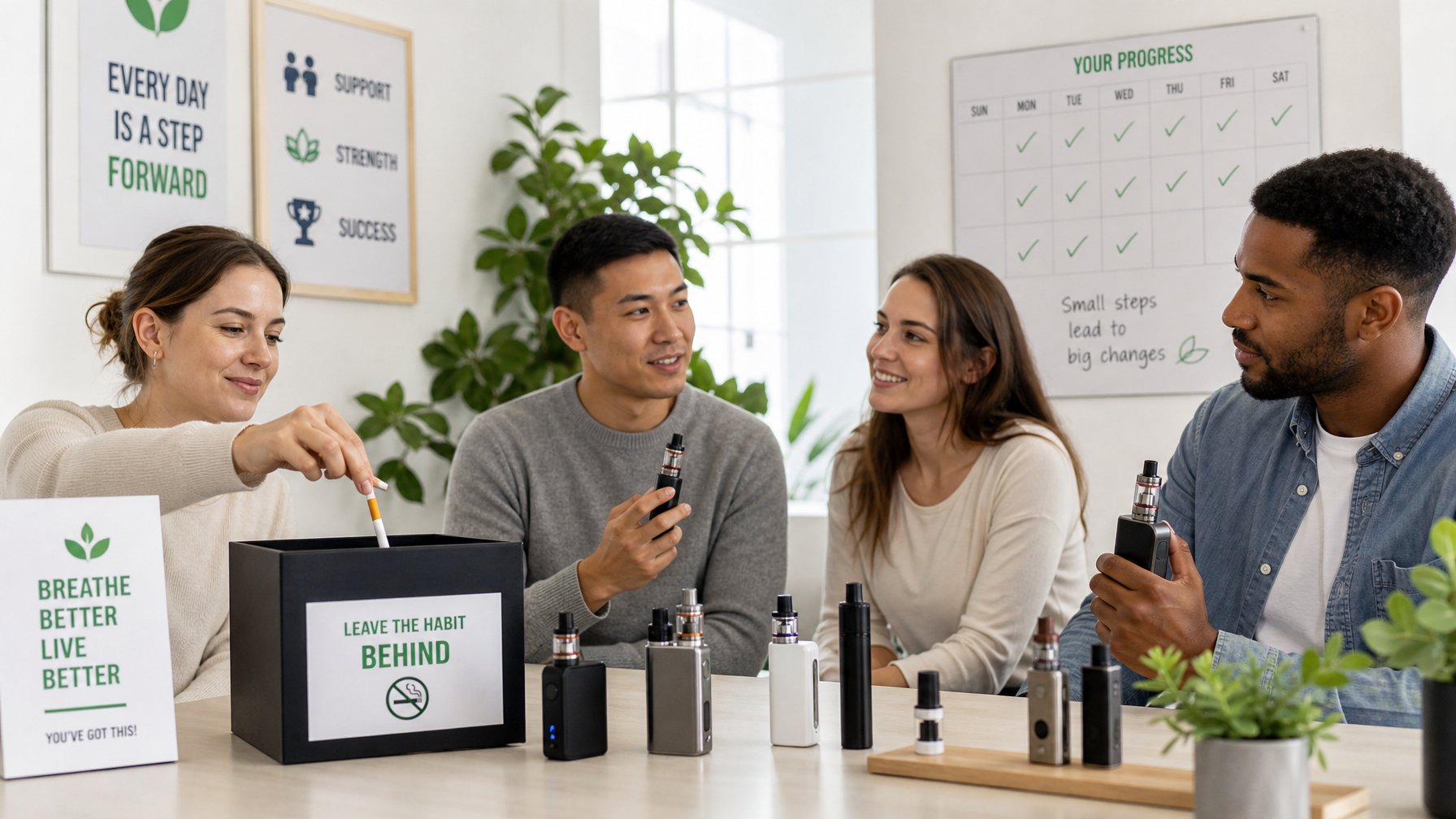 Beberapa orang menggunakan vape terbaru di ruangan terang untuk membantu berhenti merokok secara bertahap.