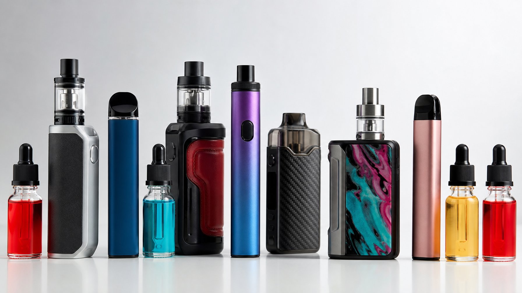 Berbagai jenis vape terbaru dengan botol cairan berwarna-warni diletakkan rapi di atas permukaan putih.