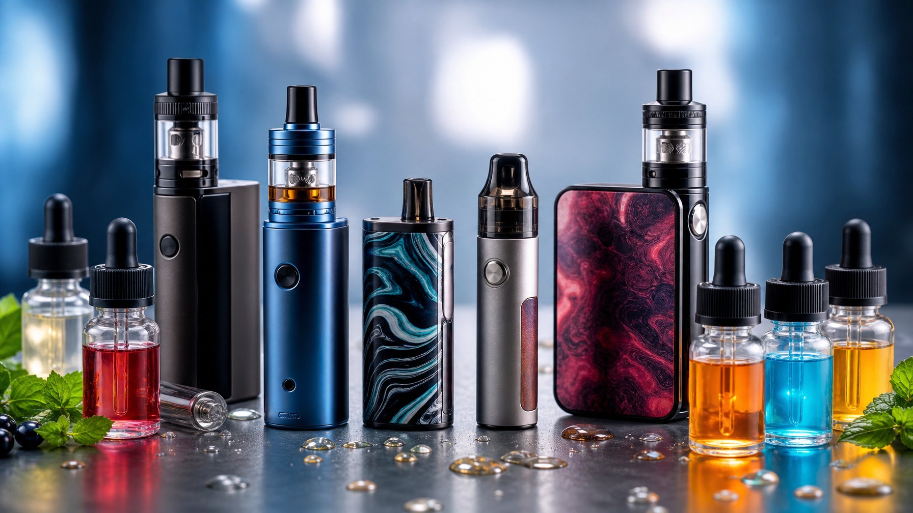 Beberapa perangkat vape terbaru dengan botol cairan rasa berwarna-warni tersusun di atas permukaan modern.
