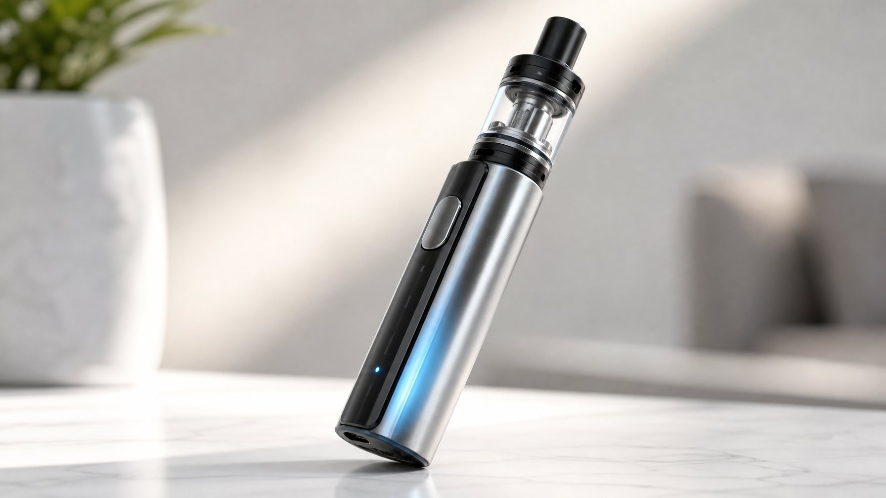 Sebuah perangkat vape terbaru dengan desain modern dan permukaan metalik, diletakkan di atas meja putih dengan latar belakang minimalis.