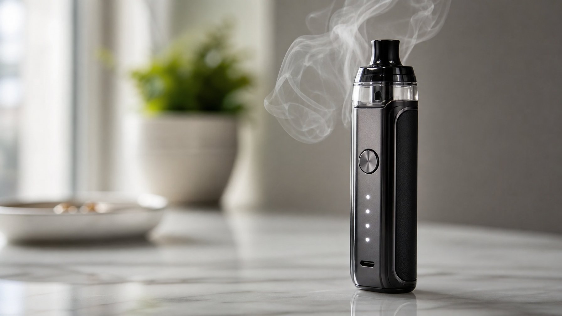 Foto close-up perangkat vape modern dengan uap tipis, diletakkan di permukaan bersih dengan latar belakang minimalis.