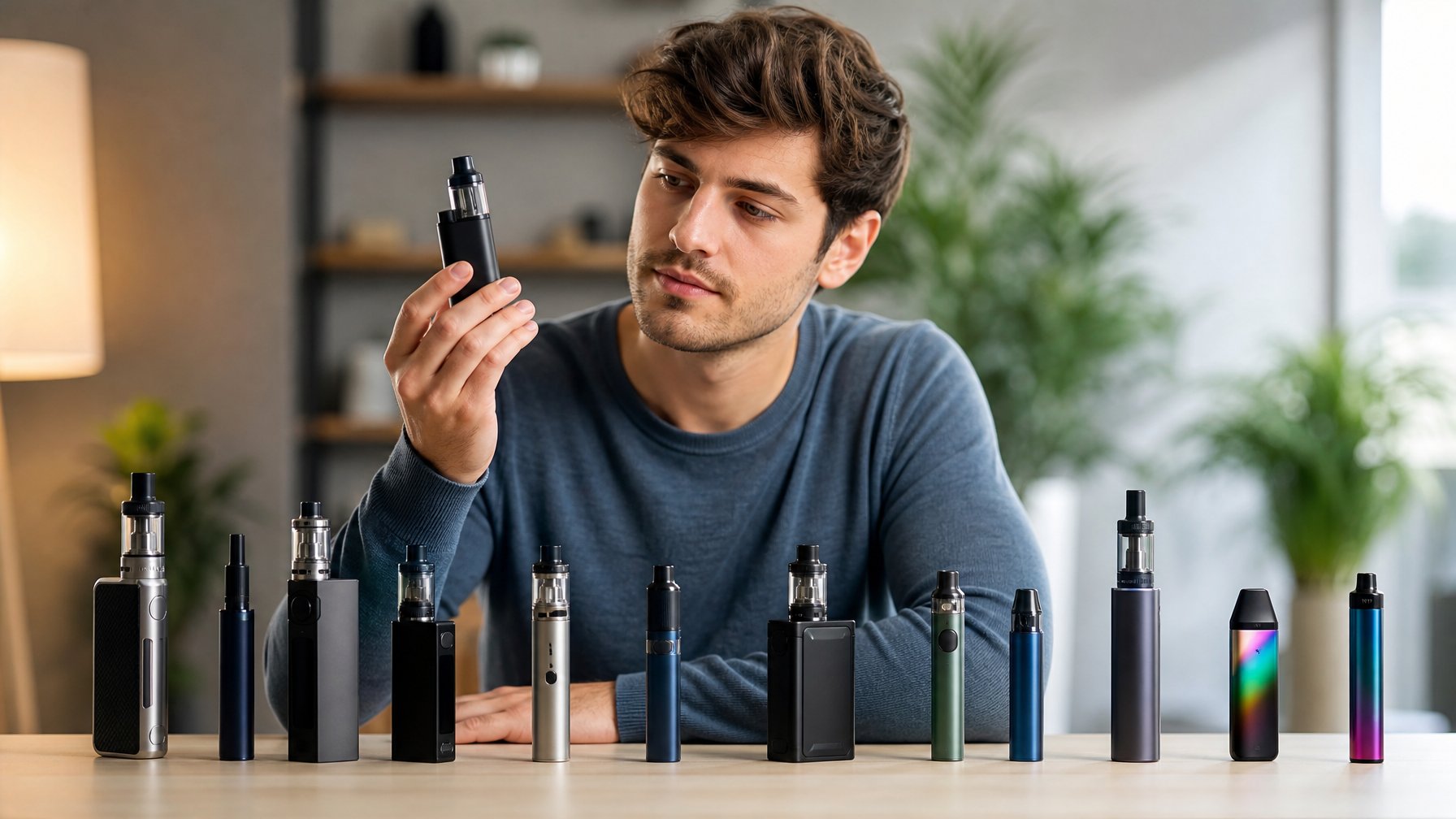 Seorang pemula sedang memeriksa berbagai jenis vape terbaru yang tersusun rapi di atas meja.