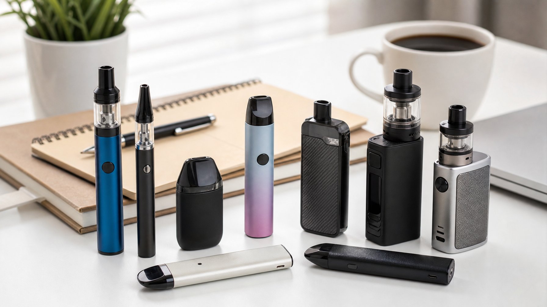 Meja dengan berbagai jenis perangkat vape terbaru untuk pemula, disusun rapi dengan latar belakang alat tulis dan secangkir kopi.