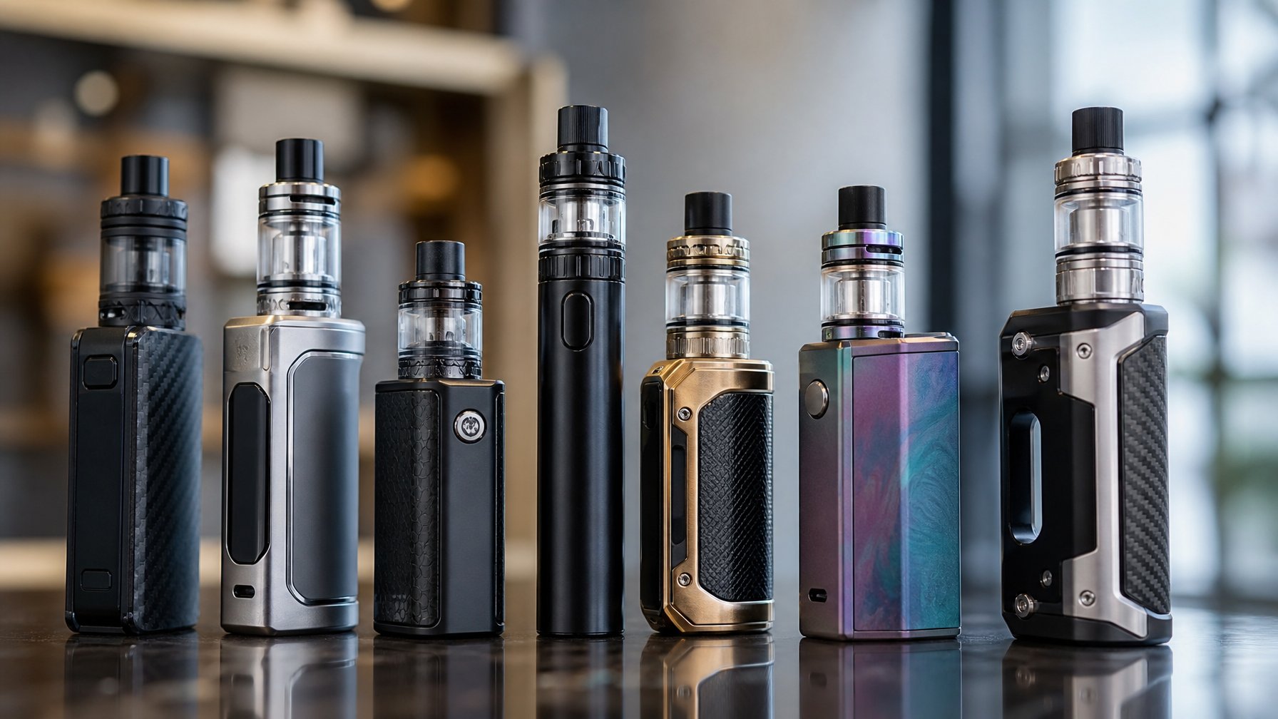 Beberapa perangkat vape terbaru dengan desain modern yang ditata rapi di atas permukaan bersih.